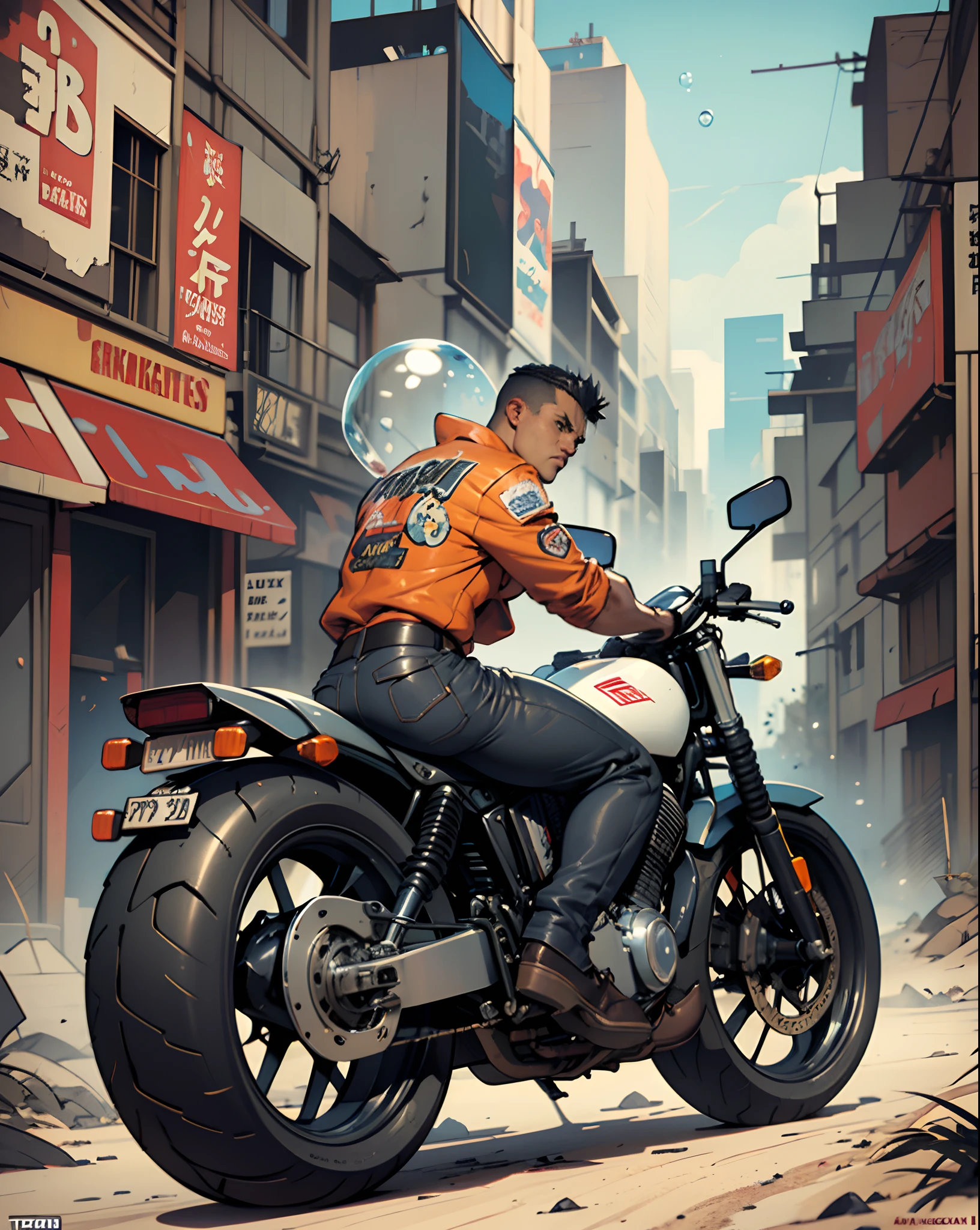 fullbody,  a bubble but, big breasted stormy daniels-cyborg , riding on a concept akira motorcycle with fat wheels,  through a dystopian desert village,, art by Todd McFarlane and greg rutkowski, , action illustration, comics, 3d render --auto --s2