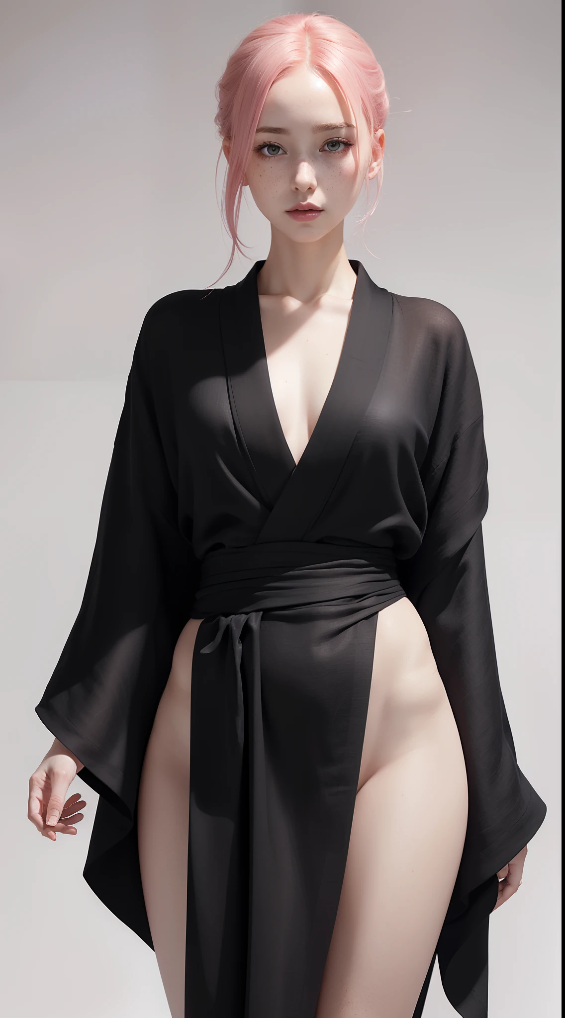 dynamic pose,1girl,pale skin,pink hair,delicate face,freckles,(black linen kimono:1.3),holding a katana,(wide thigh gap:1.3)(white background),(best quality:1.2,ultra-detailed,realistic:1.37),full body portrait,soft colors,polished lighting