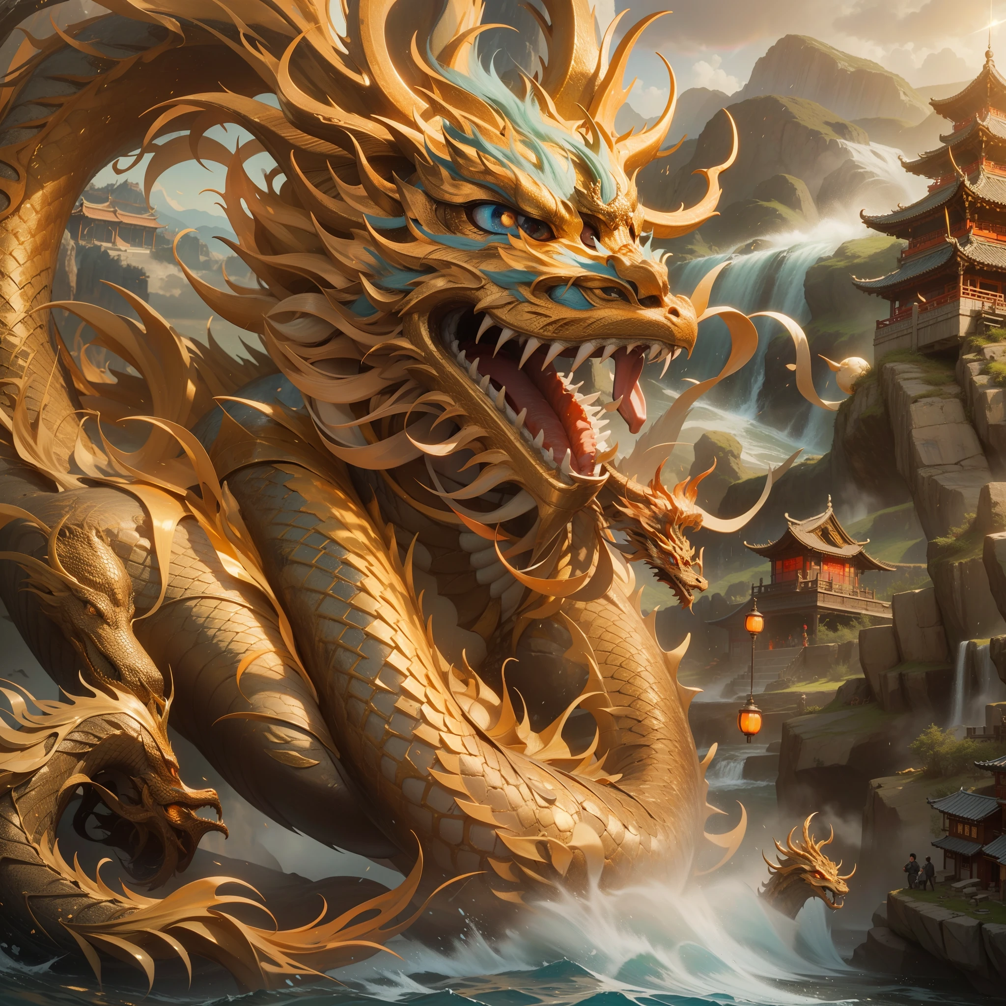 Golden Chinese dragon，the sea，writhe，rainbowing，suns，Cave House，Works of masters，Best image quality，high detal，超高分辨率，in a panoramic view，first person perspective，telephoto lenses，3D photography