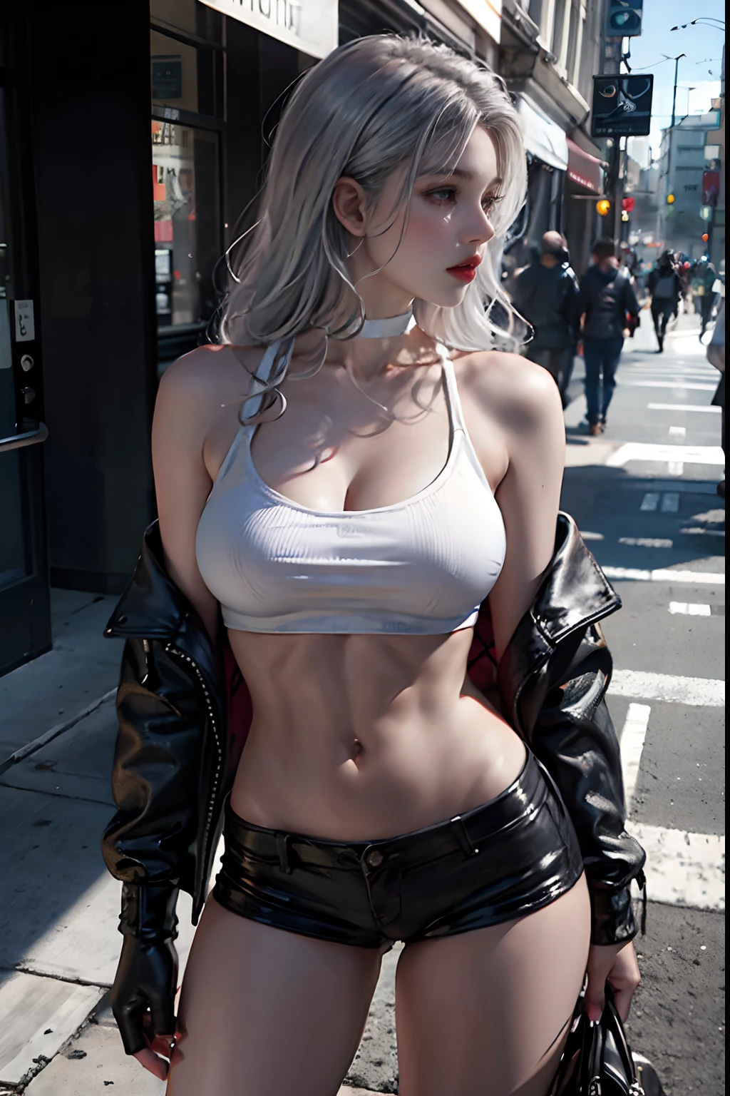 finely detailed beautiful eyes, overhead view, high quality, beautiful face, 1 woman, side view, side silhouete, wide shot, white crop top, leather short shorts, black shorts, oversized leather jacket, open shoulders, silver hair, large breasts, long hair, wide hips, leaning to the side, street, background, detailed background, abs
