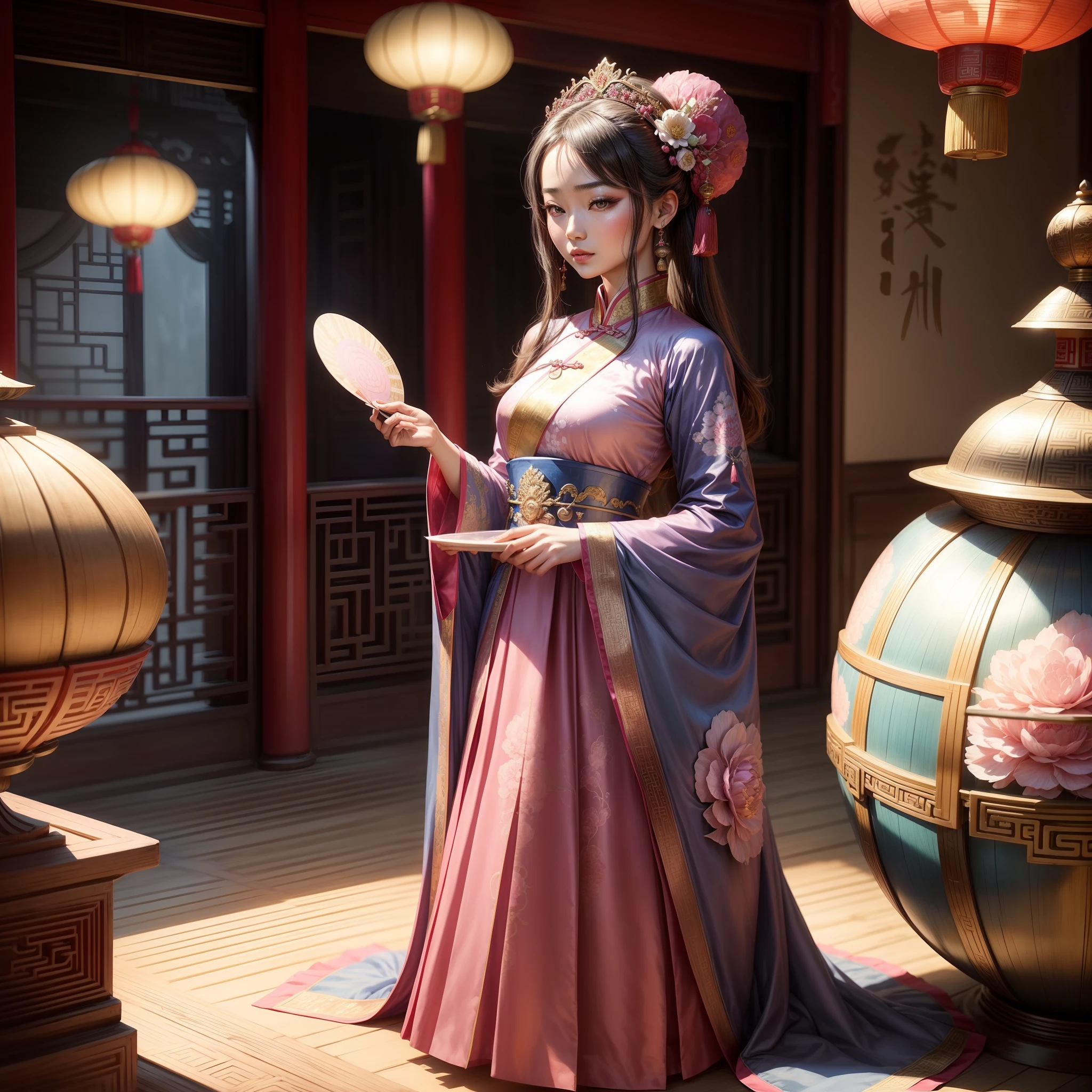 arafed asian woman in a pink and blue dress with a fan, palace , a girl in hanfu, wearing ancient chinese clothes, chinese princess, chinese girl, chinese woman, chinese costume, gorgeous chinese model, ancient chinese princess, beautiful oriental woman, traditional chinese clothing, traditional chinese, ancient chinese beauties, with acient chinese clothes, a beautiful fantasy empress