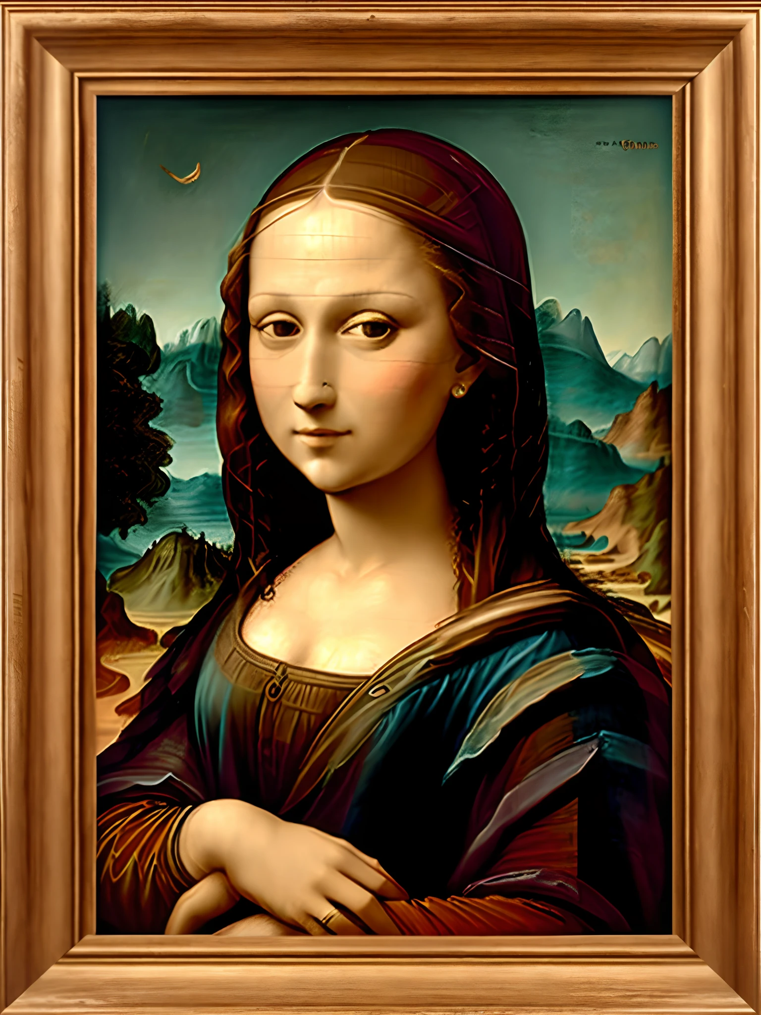 An oil paint of a naked black woman in the same position of Mona Lisa, modern garden in the background