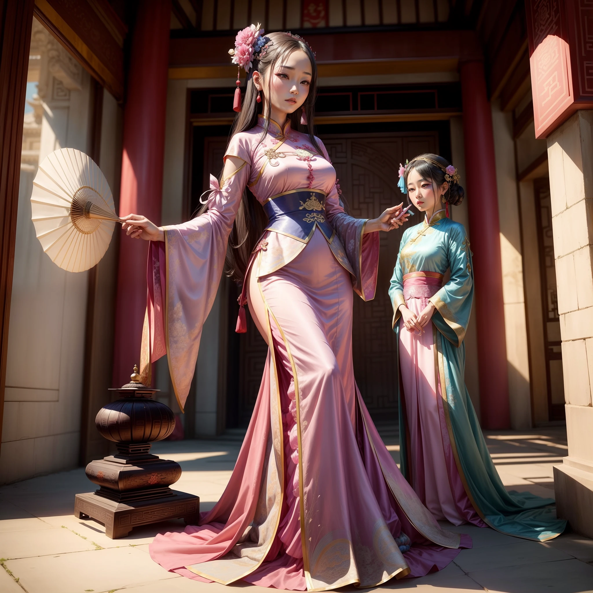 arafed asian woman in a pink and blue dress with a fan, palace , a girl in hanfu, wearing ancient chinese clothes, chinese princess, chinese girl, chinese woman, chinese costume, gorgeous chinese model, ancient chinese princess, beautiful oriental woman, traditional chinese clothing, traditional chinese, ancient chinese beauties, with acient chinese clothes, a beautiful fantasy empress