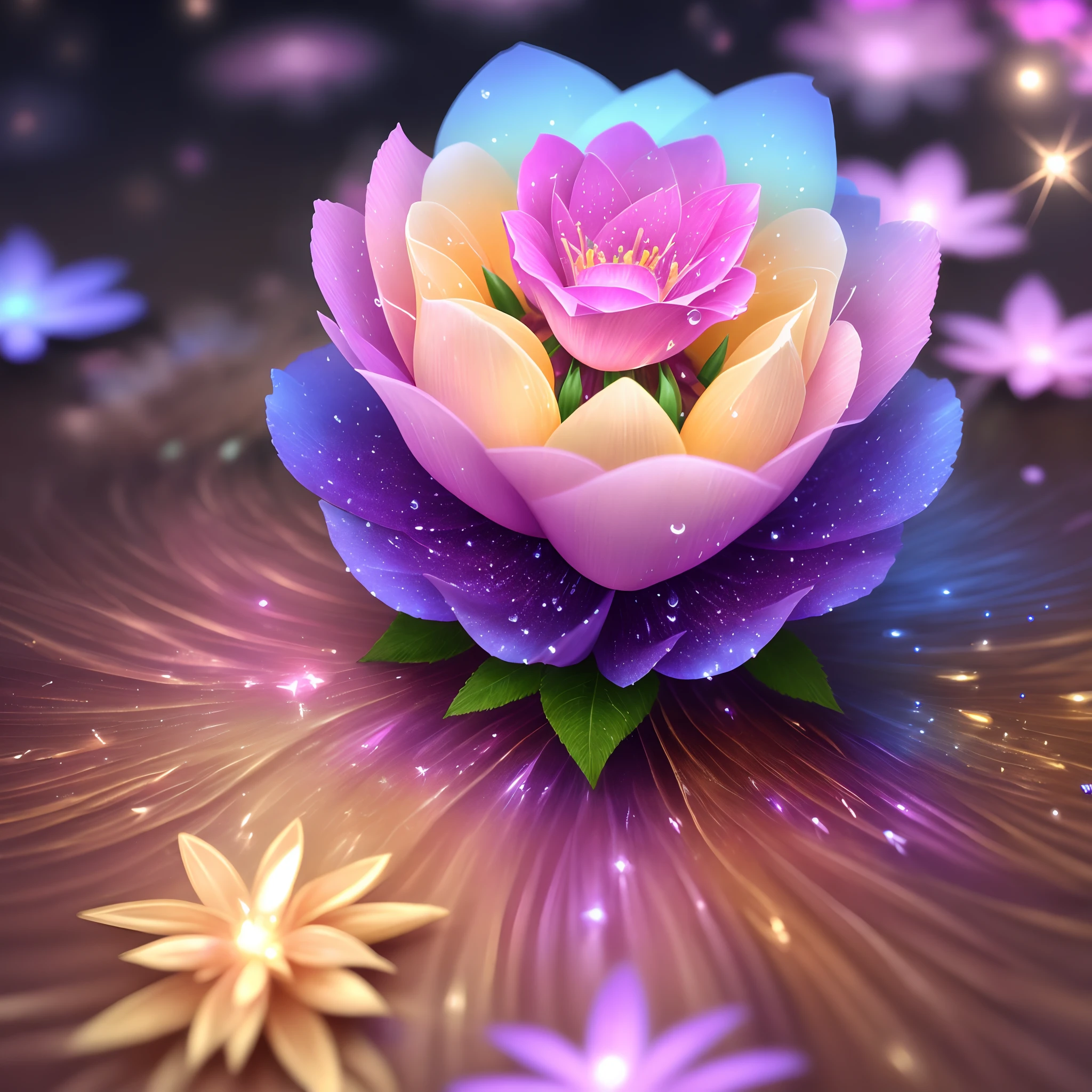 Flower, shiny, rain, sparkles, 10k hd, love,  light, hyper realistic, colorful, ethereal, other worldly, unique, glowing flower, sparkling, hyper 3d, sparkling flower, crystal, planet, flower mutated, gorgeous