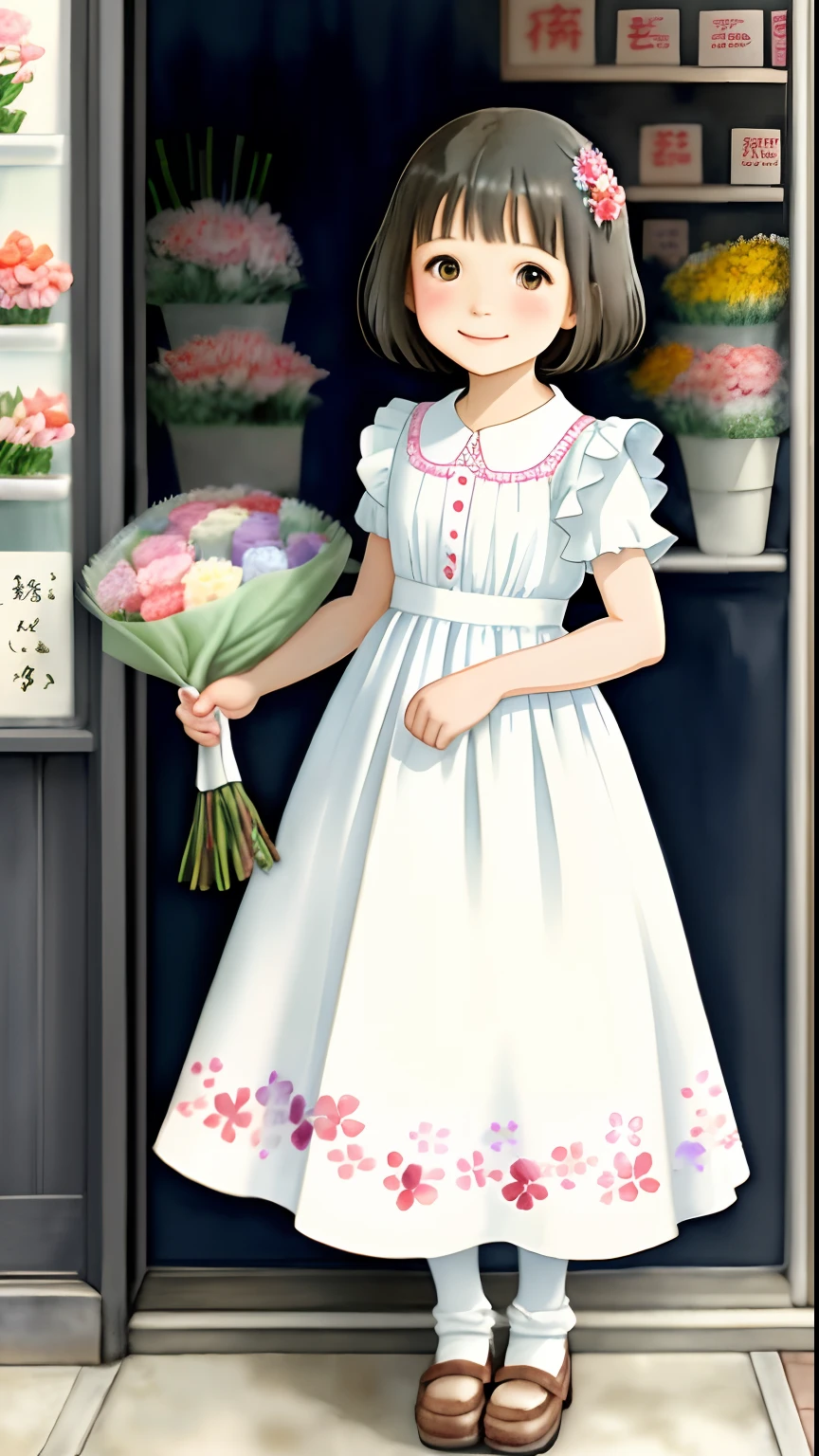 Cheerful little girl in a long dress,Hand sticker a large bouquet of flowers,Stand in front of the flower shop,Hayao Miyazaki,WaterColor style