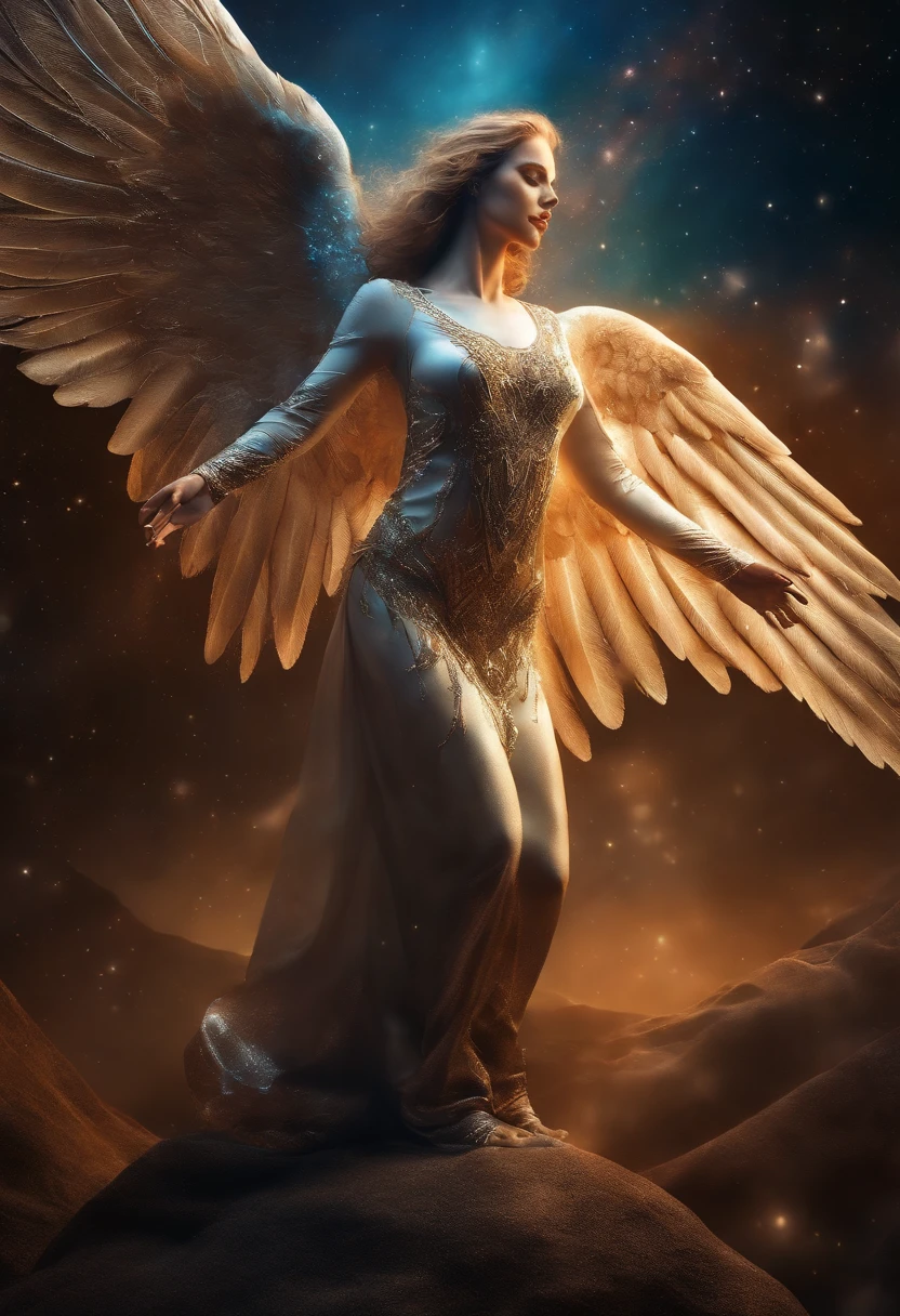 cosmic fallen angel, olhos claros brilhantes, Biomechanicals, estranho, assustador, Pesadelo, cores muito brilhantes, light particles, com luz brilhante, Mshiff, Arte do papel de parede, Papel de parede UHD