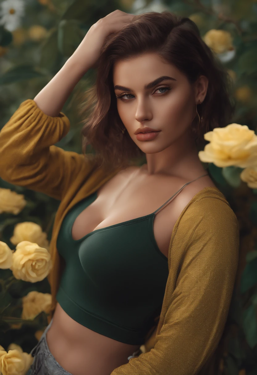 Modelo, digital illustation, (master part:1.2), alta qualidade, Olhos detalhados, extremely beautiful young female, short hair, streetwear, thicc, (Abs:1.2), (florescer:1.2)