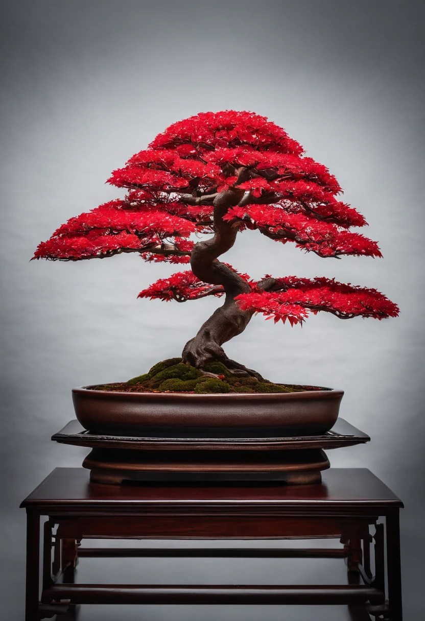 a red leaf tree with a sign that says bonsai syrup, bonsai, feito de bonsai, inspirado em Yoshida Hanbei,inspired by Óscar Domínguez, Arte conceitual 2022,