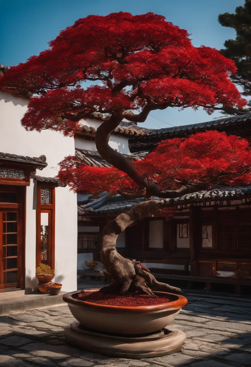 a red leaf tree with a sign that says bonsai syrup, bonsai, feito de bonsai, inspirado em Yoshida Hanbei,inspired by Óscar Domínguez, Arte conceitual 2022,