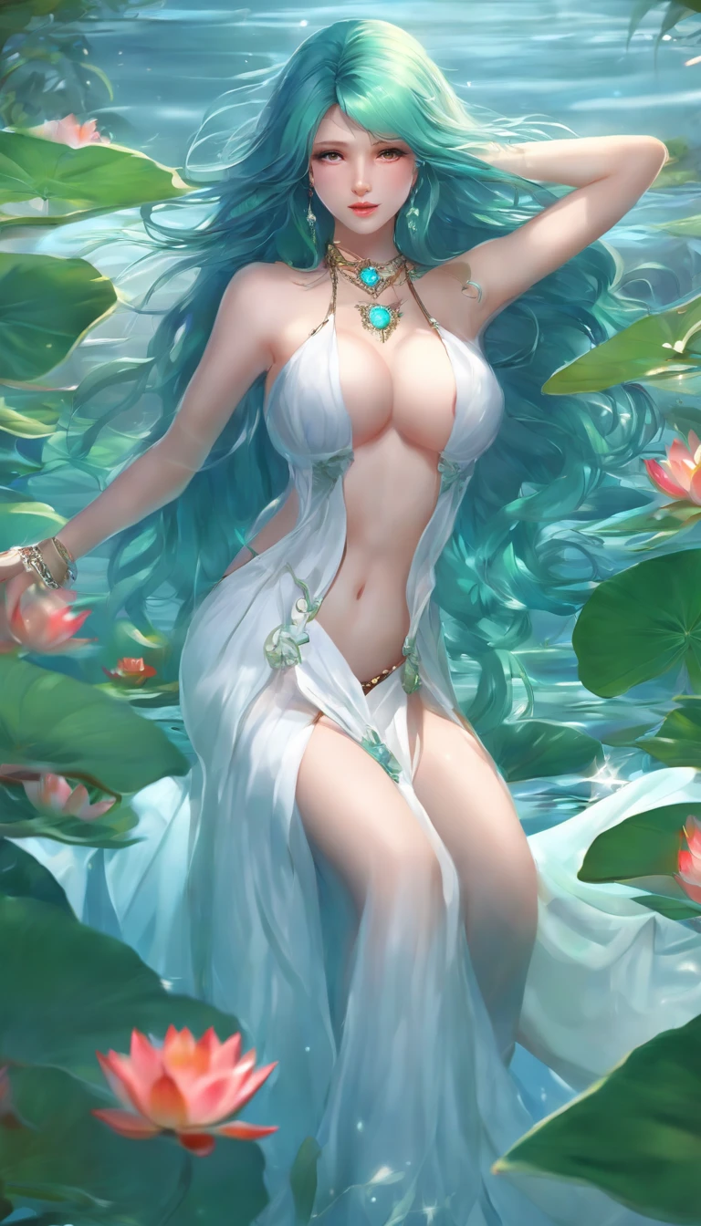 nsfw, (Masterpiece, best quality, very detailed CG, complex details: 1.2), 8k wallpaper, (1 girl, solo: 1.4), (green 0.6), (cyan 0.4), (blue 0.3), long hair, colored hair, bright colors, lighting, white dress, water, lotus leaves, half naked, exposed breasts, topless, large nipples, undressed, navel, necklace, shuimobysim, shukezouma, standing