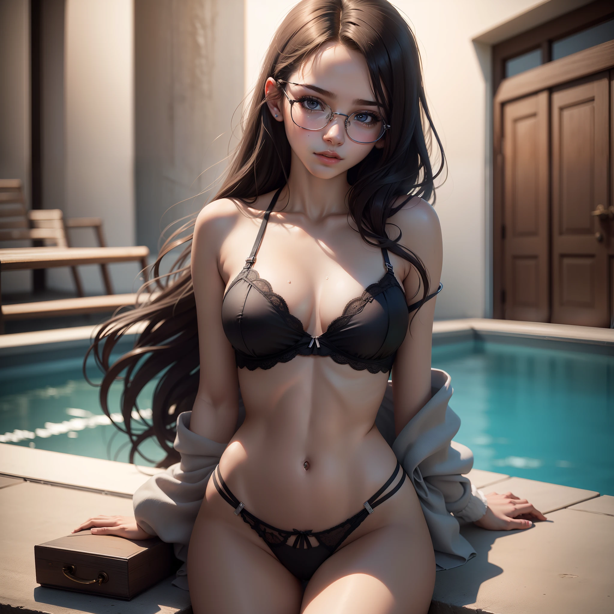 masterpiece, best quality, hyperrealistic, innocent 18years old skinny girl, cute lingerie, long hair, decent breasts, decent ass, beautiful lips, (8k, epic composition, photorealistic, sharp focus), brunette, pool, water, black eye glasses