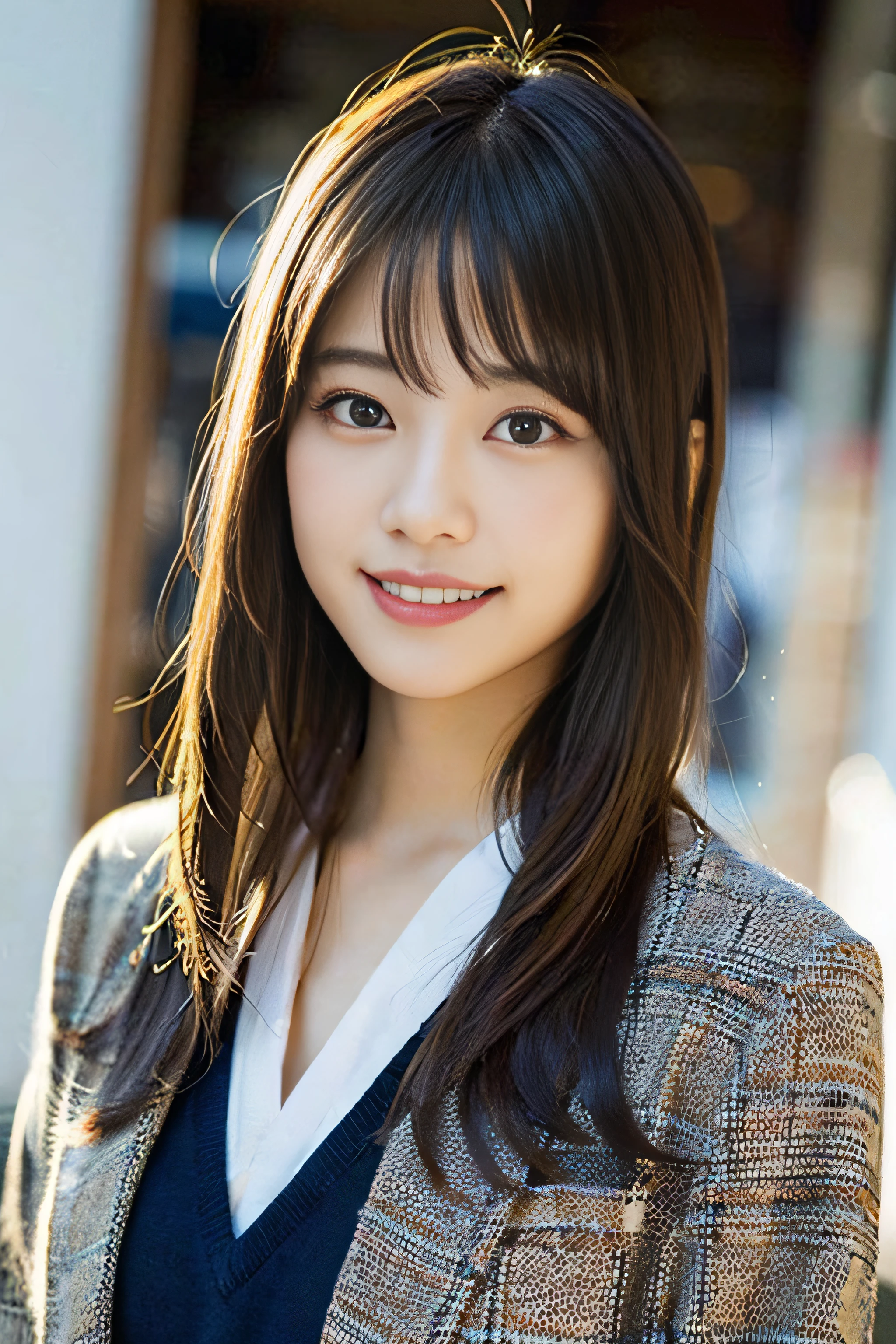 (8K、Raw photography、top-quality、​masterpiece:1.2)、(realisitic、Photorealsitic:1.37)、ultra-detailliert、超A high resolution、女の子1人、see the beholder、beautifull detailed face、A smile、Constriction、(Slim waist) :1.3)、Beautiful detailed skin、Skin Texture、Floating hair、Professional Lighting、Whole human body、Longhaire、a blond、japanese hight school uniform、a sailor suit、Bob Hair、schools、School Festivals、Happy smile、sixteen years old