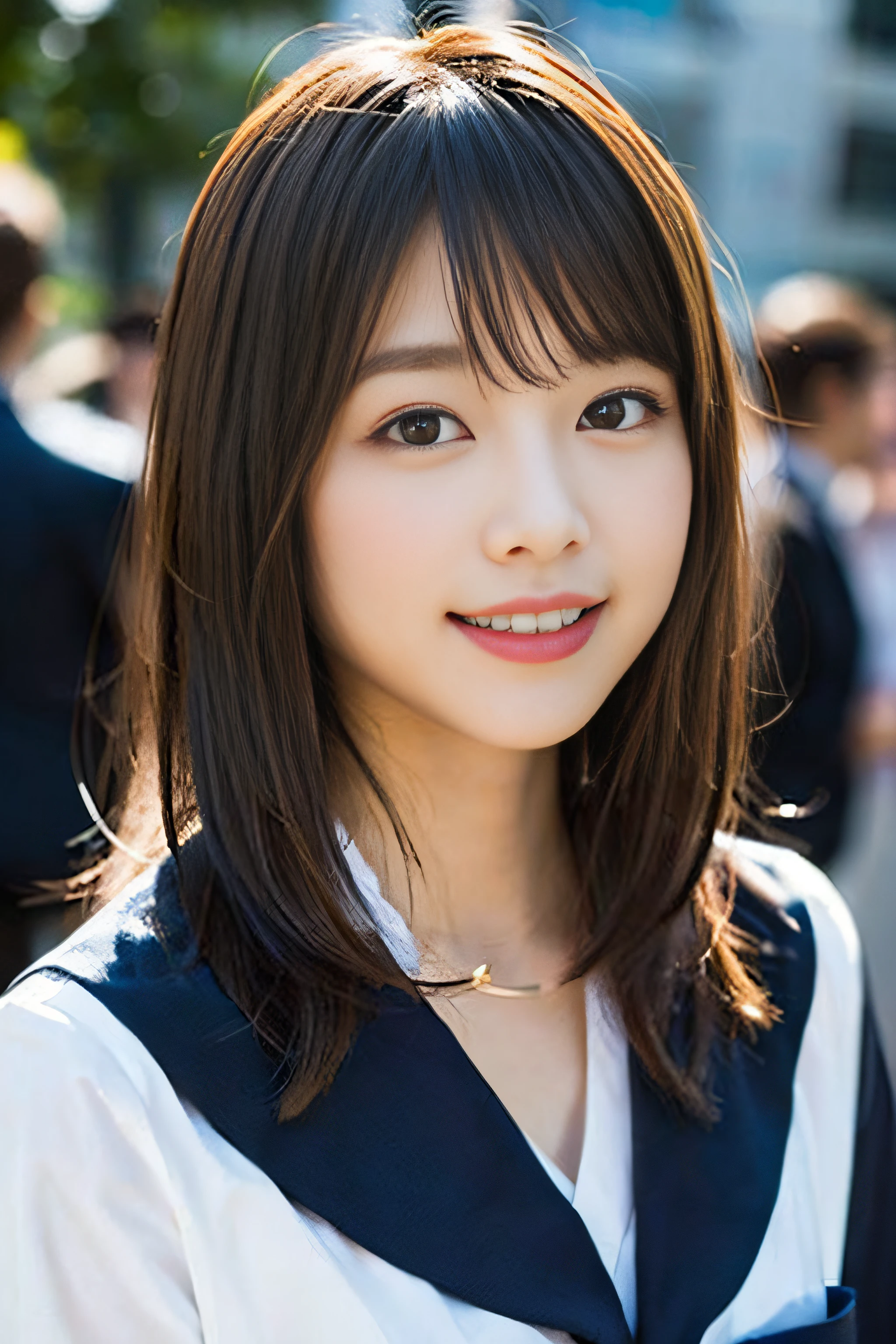 (8K、Raw photography、top-quality、​masterpiece:1.2)、(realisitic、Photorealsitic:1.37)、ultra-detailliert、超A high resolution、女の子1人、see the beholder、beautifull detailed face、A smile、Constriction、(Slim waist) :1.3)、Beautiful detailed skin、Skin Texture、Floating hair、Professional Lighting、Whole human body、Longhaire、a blond、japanese hight school uniform、a sailor suit、Bob Hair、schools、School Festivals、Happy smile、sixteen years old