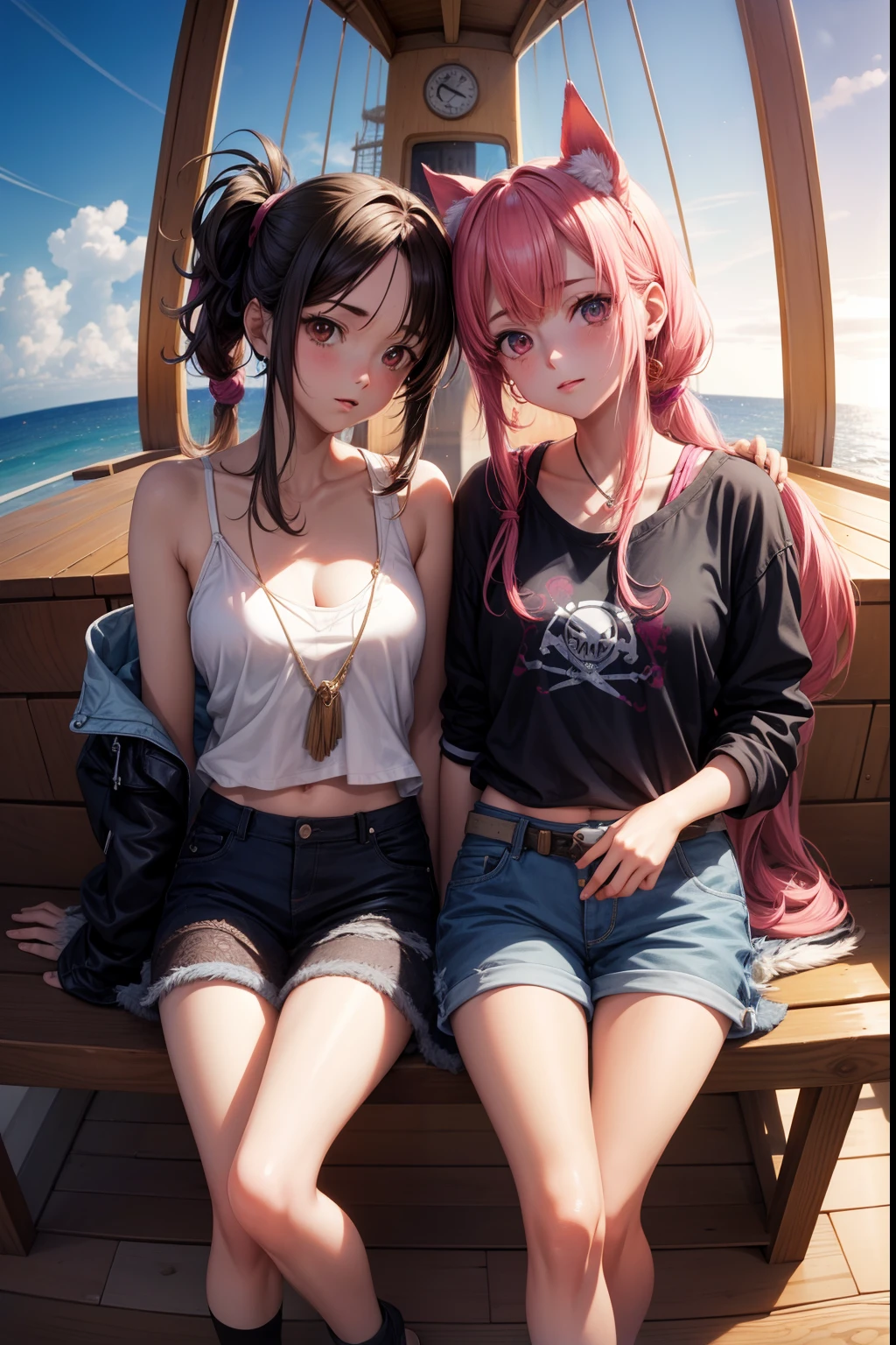 2girls, Un par de chicas de anime de pie una al lado de la otra, Arte clave de Digimon, render perro travieso, Veleros, anime 2019, physics: the smallest abdomen ever seen, Epic album cover, abismo, Ropa casual de verano, Derechos de los homosexuales, Makoto, Piratas, Aesthetics of the 90s, Color page, Final fantasy, sailing, Cielo despejado de verano