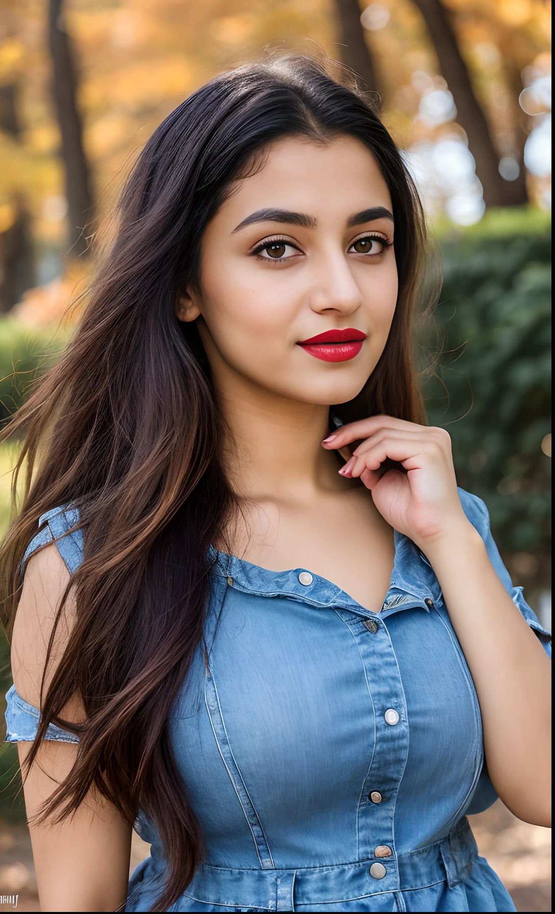 photo portrait of noor, wearing blue tip, outside on a sunny autumn day, looking at viewer, lense flare, (realistic eyes, symmetric face:0.8) (masterpiece:1.2) (photorealistic:1.2) (bokeh) (best quality) (detailed skin) (intricate) (8k) (HDR) (cinematic lighting) (sharp focus), big breast, big natural lips, dark red lips, sparkling day dreams eyes., 27 yo female noor