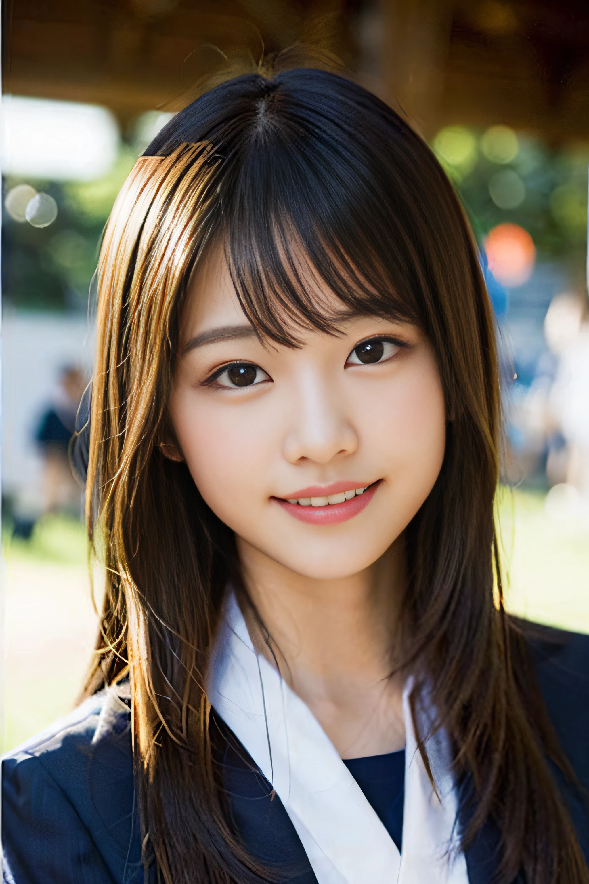 (8K、Raw photography、top-quality、masterpiece:1.2)、(realisitic、Photorealsitic:1.37)、ultra-detailliert、超A high resolution、女の子1人、see the beholder、beautifull detailed face、A smile、Constriction、(Slim waist) :1.3)、Beautiful detailed skin、Skin Texture、Floating hair、Professional Lighting、Whole human body、Longhaire、a blond、japanese hight school uniform、a sailor suit、Bob Hair、schools、School Festivals、Happy smile、sixteen years old