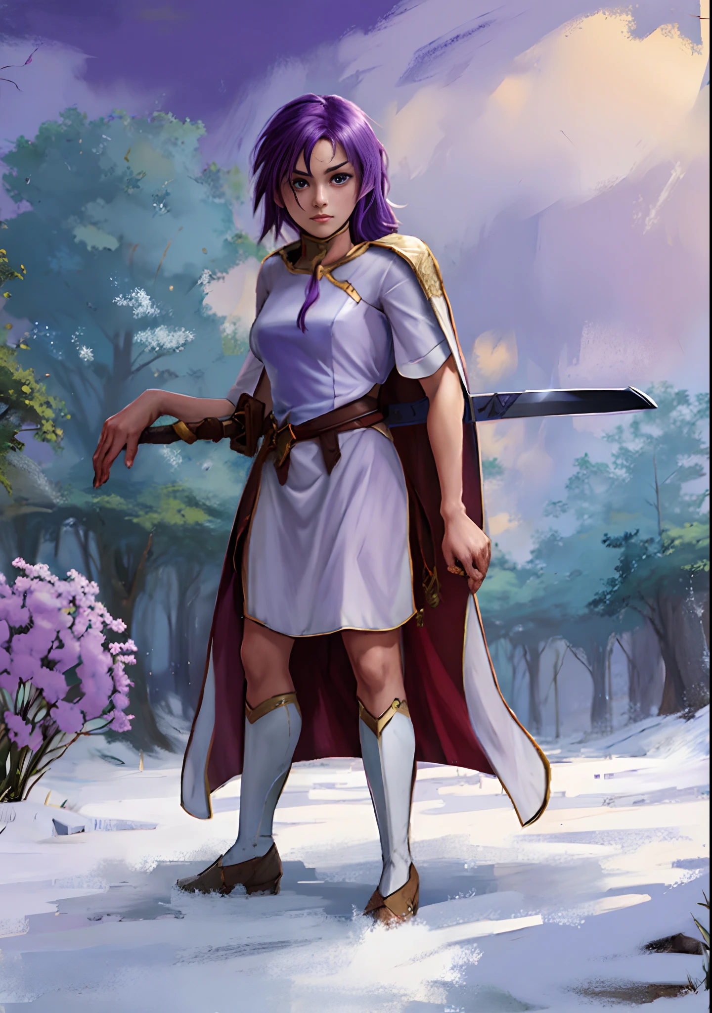 um desenho animado de uma mulher em um vestido roxo segurando uma espada, Natalie de Epic Battle Fantasy, she is holding a sword, protagonista feminina, protagonista feminina 👀 :8, Personagem JRPG, final fantasy tactics character, estilo de arte de dark cloud 2, Personagem de RPG, knights of zodiac girl, Arte do personagem JRPG