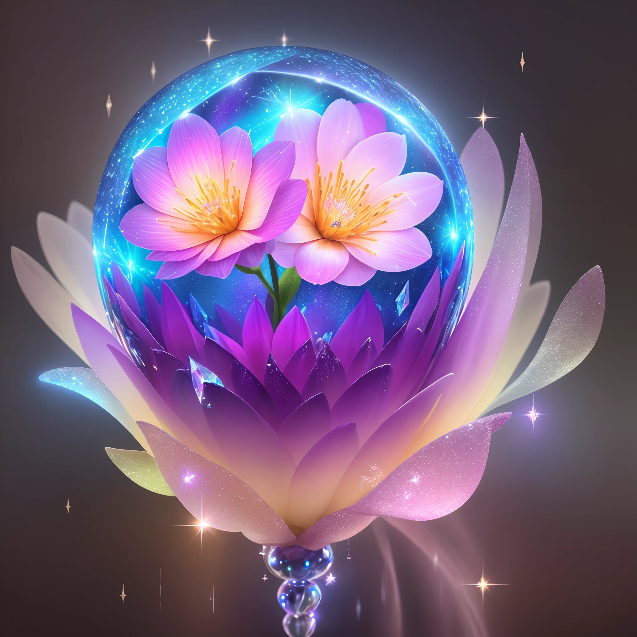 Flower, shiny, rain, sparkles, 10k hd, love,  light, hyper realistic, colorful, ethereal, other worldly, unique, glowing flower, sparkling, hyper 3d, sparkling flower, crystal, planet, flower mutated, gorgeous