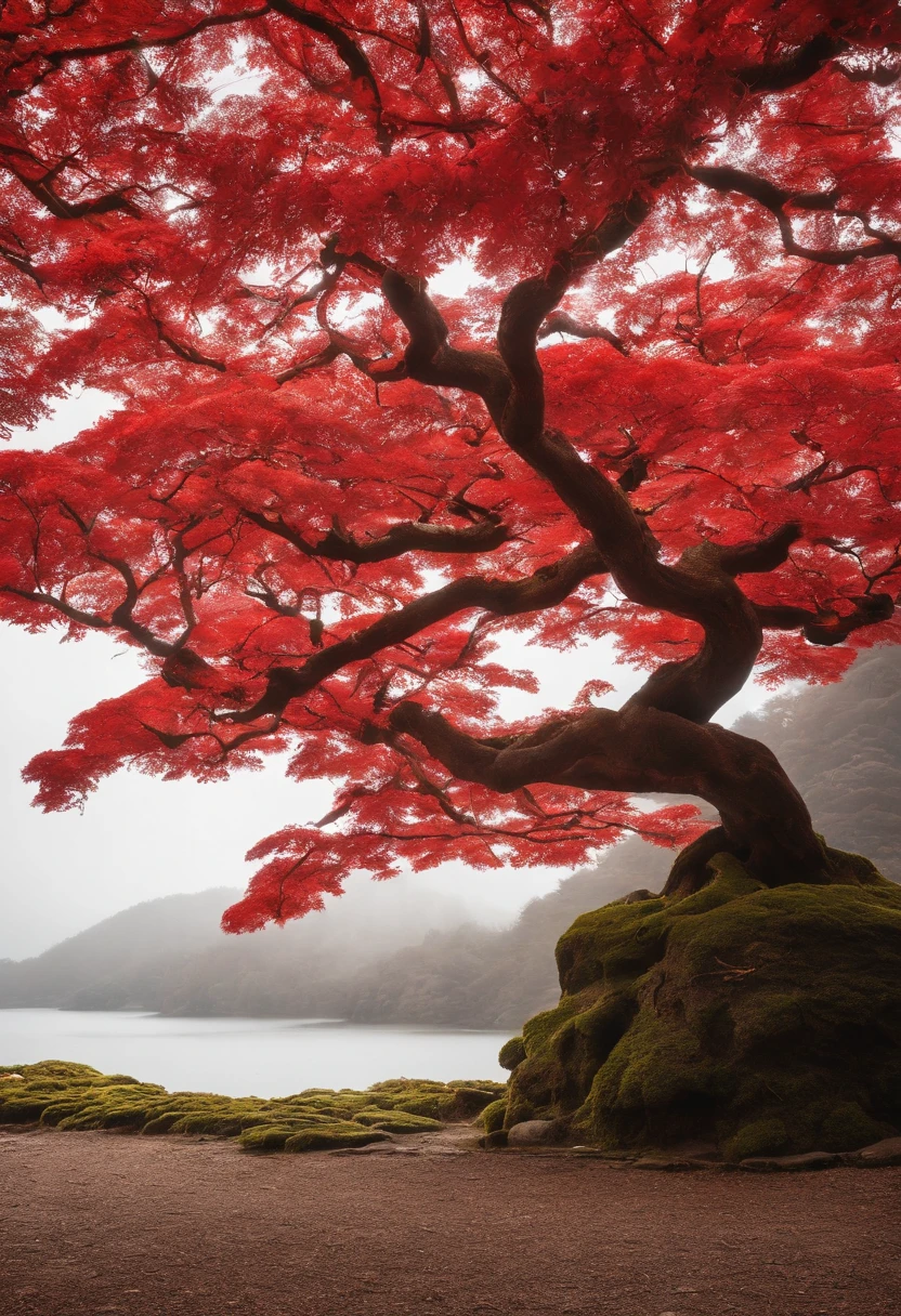 a red leaf tree with a sign that says bonsai syrup, bonsai, feito de bonsai, inspirado em Yoshida Hanbei,inspired by Óscar Domínguez, Arte conceitual 2022, fundo branco