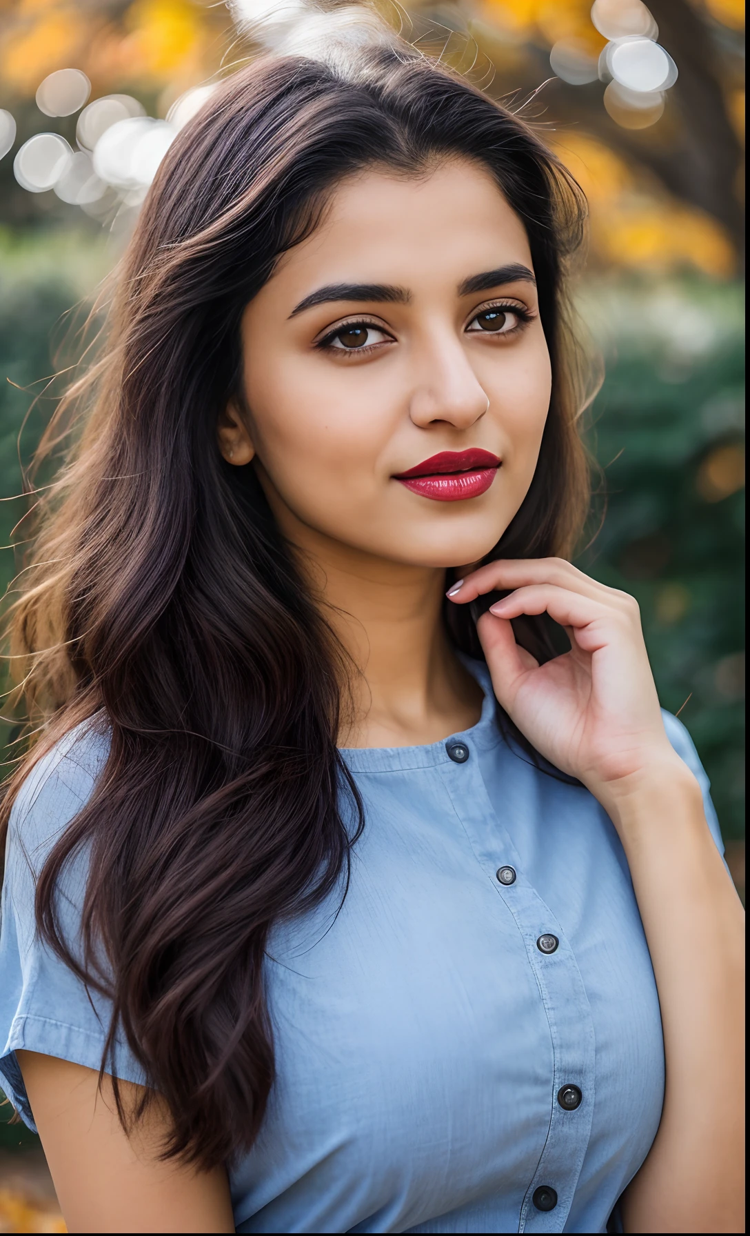 photo portrait of noor, wearing blue tip, outside on a sunny autumn day, looking at viewer, lense flare, (realistic eyes, symmetric face:0.8) (masterpiece:1.2) (photorealistic:1.2) (bokeh) (best quality) (detailed skin) (intricate) (8k) (HDR) (cinematic lighting) (sharp focus), big breast, big natural lips, dark red lips, sparkling day dreams eyes., 27 yo female noor