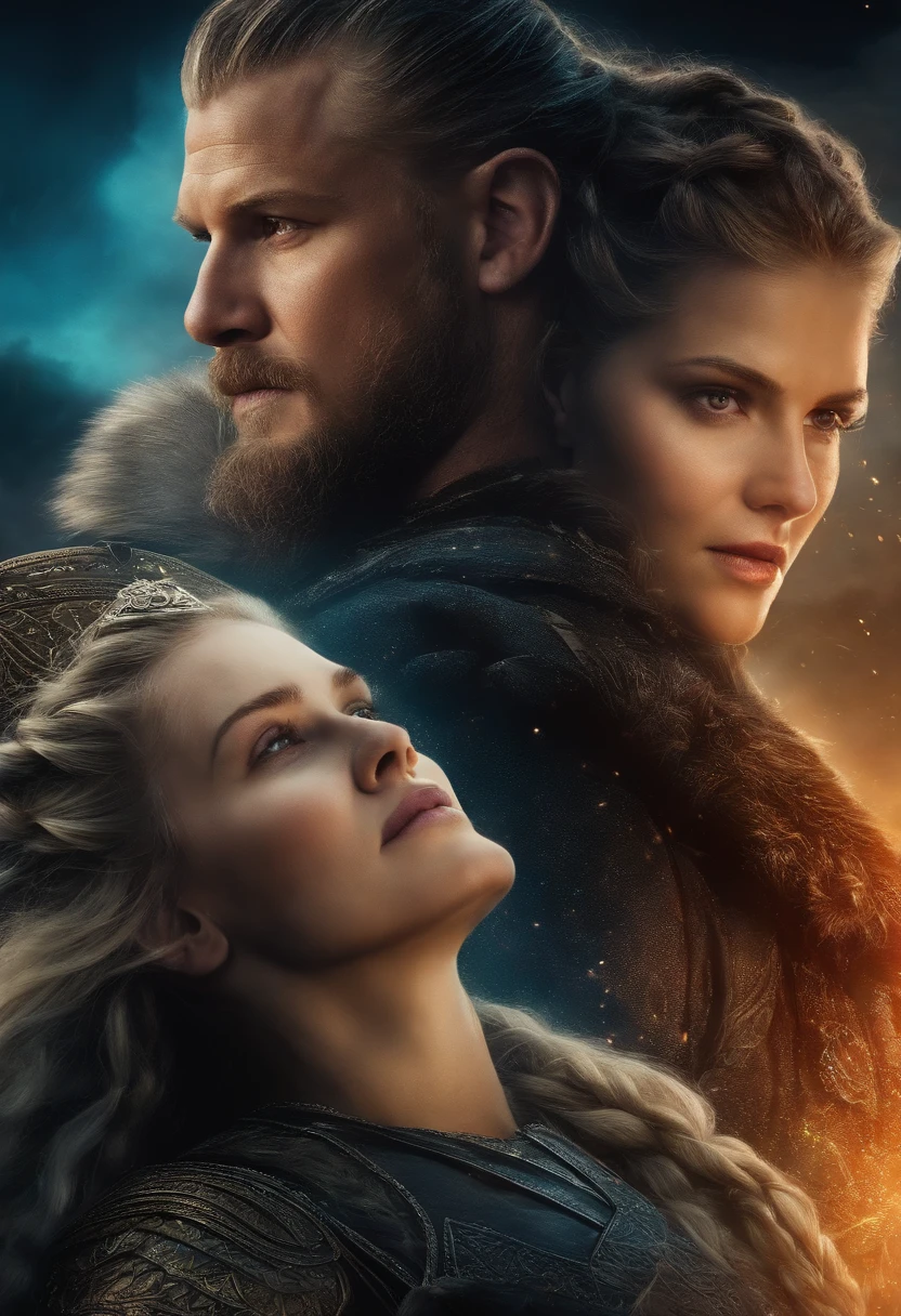 Ragnar e Lagertha em Valhalla, Biomechanicals, estranho, assustador, Pesadelo, cores muito brilhantes, light particles, com luz brilhante, Mshiff, Arte do papel de parede, Papel de parede UHD