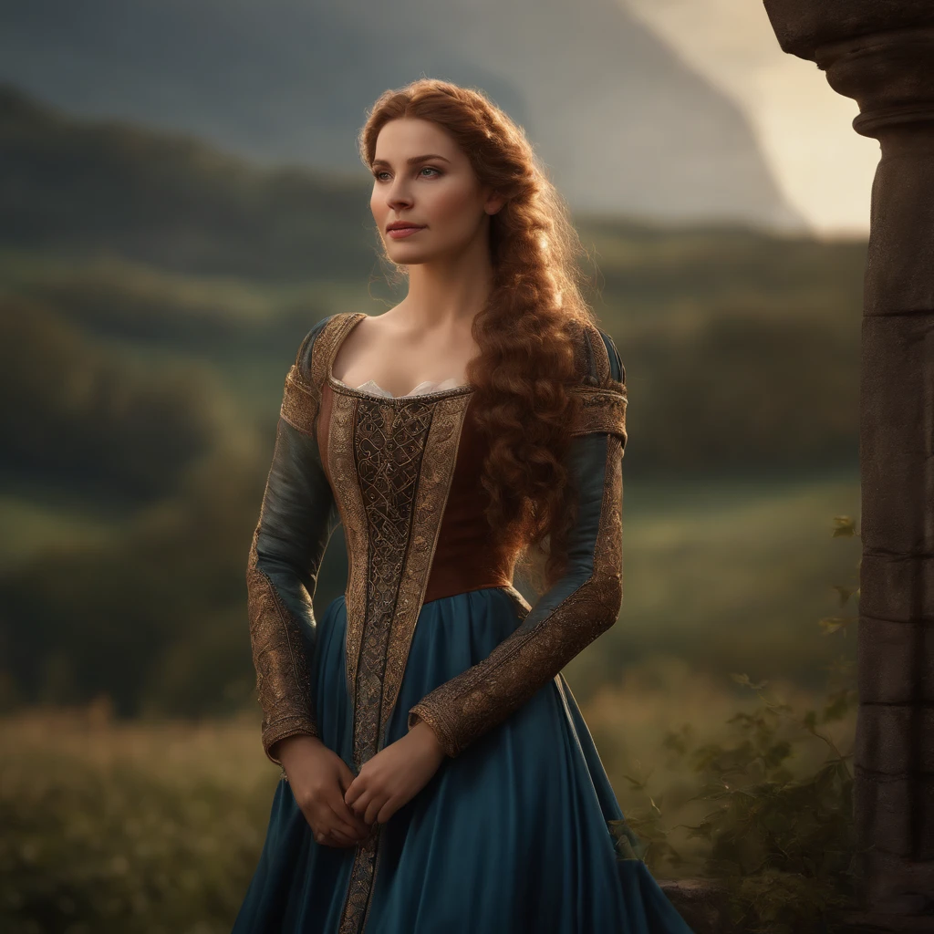 (best quality,4k,8k,highres,masterpiece:1.2),ultra-detailed,(realistic,photorealistic,photo-realistic:1.37),detailed hair,medieval style,long dress,woman with detailed hair,woman in medieval style,long dress,fantasy,portrait,medieval-inspired art,vibrant colors,soft lighting