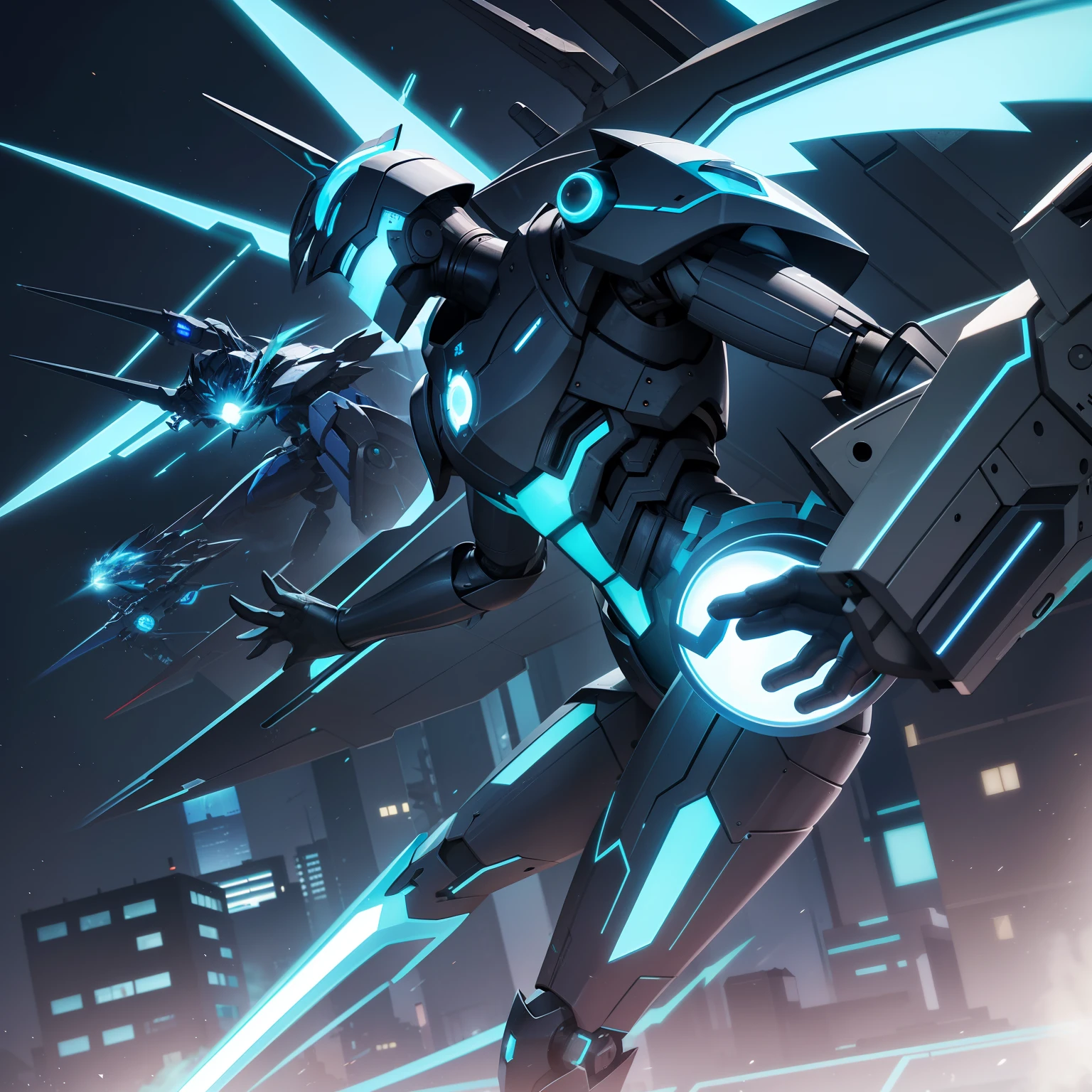 One eye is the gear,Blue fluorescent glass eyes with metal ribs,Line spine,Metal thruster wings,There are huge robots behind them