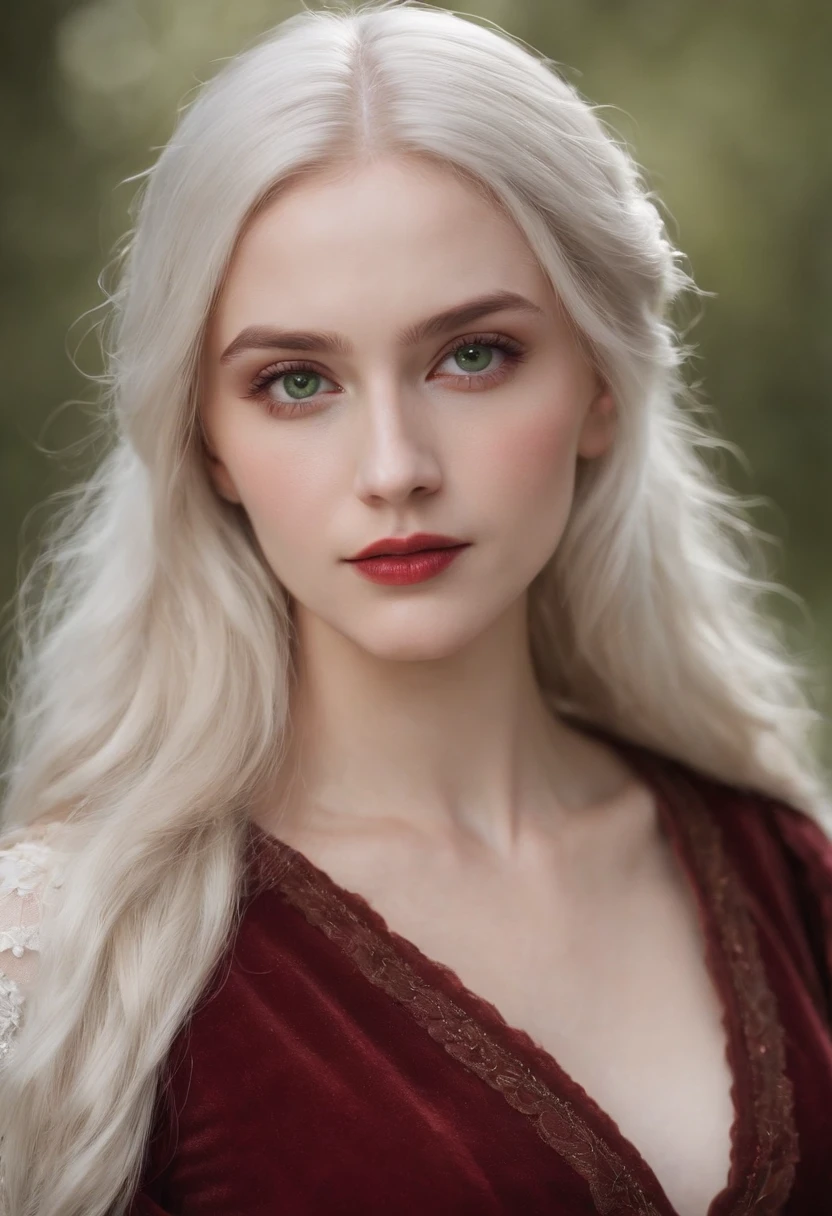 (((a deep reddish wound crosses her left cheek))) fair complexion, woman around 19 years old, natural white hair, distinctive green eyes, wearing kohl, slender and graceful, beautiful, candlelight in a medieval setting, ultra sharp focus, realistic shot, medieval female clothes, tetradic colors (scar:1.4)