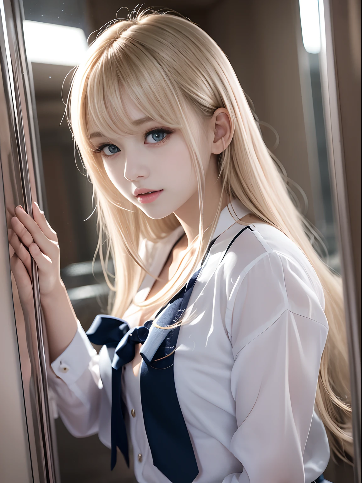 portlate、School Uniforms、bright expression、Young shiny shiny white shiny skin、Best Looks、Blonde reflected light、Platinum blonde hair with dazzling highlights、shiny light hair,、Super long silky straight hair、Beautiful bangs that shine、Glowing crystal clear attractive big blue eyes、Very beautiful nice cute 16 year old girl、Lush bust、