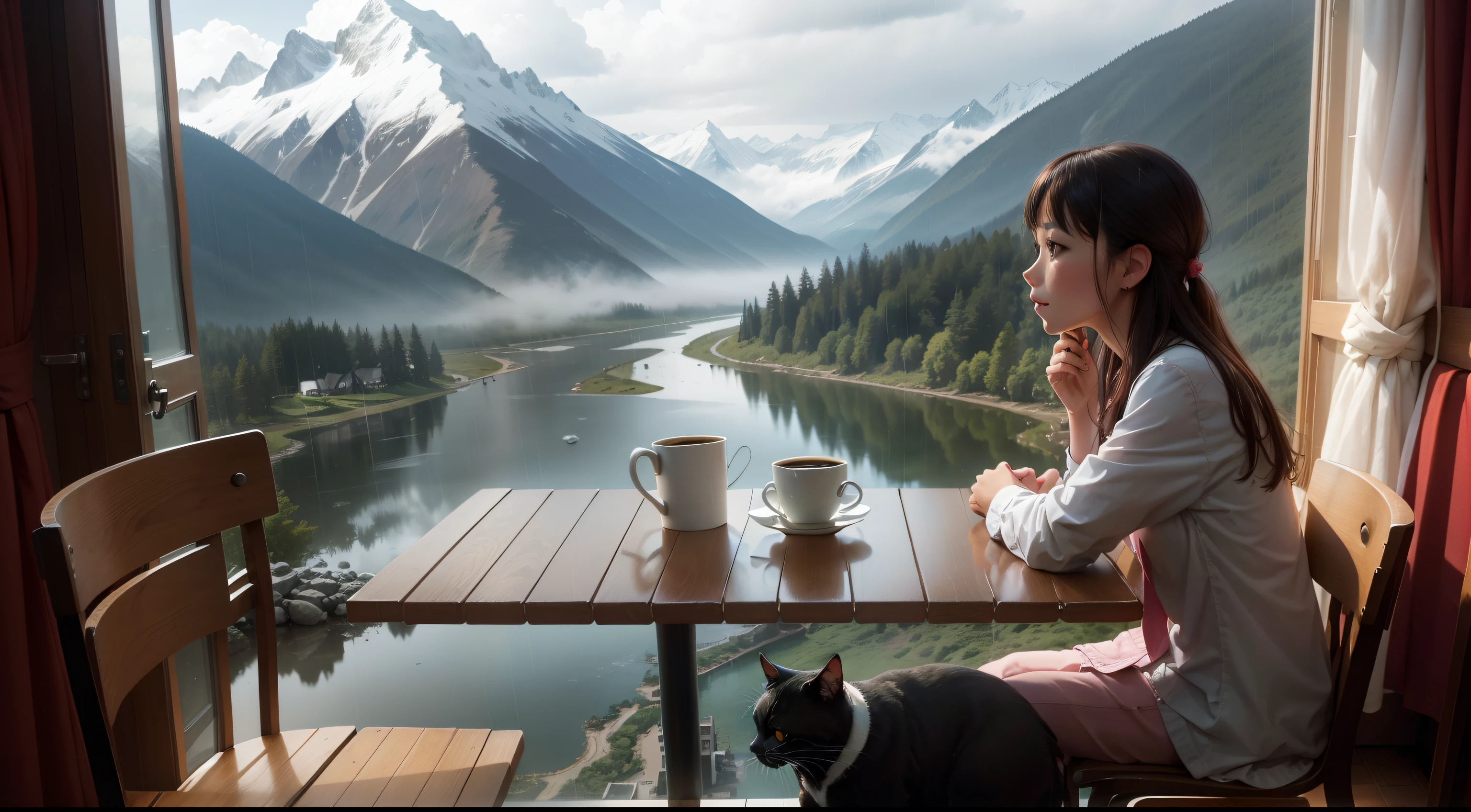 A rainy weather, a cute couple, coffee,table and chair, hotel room , mountain in the front , river, birds, a cat, a dogl