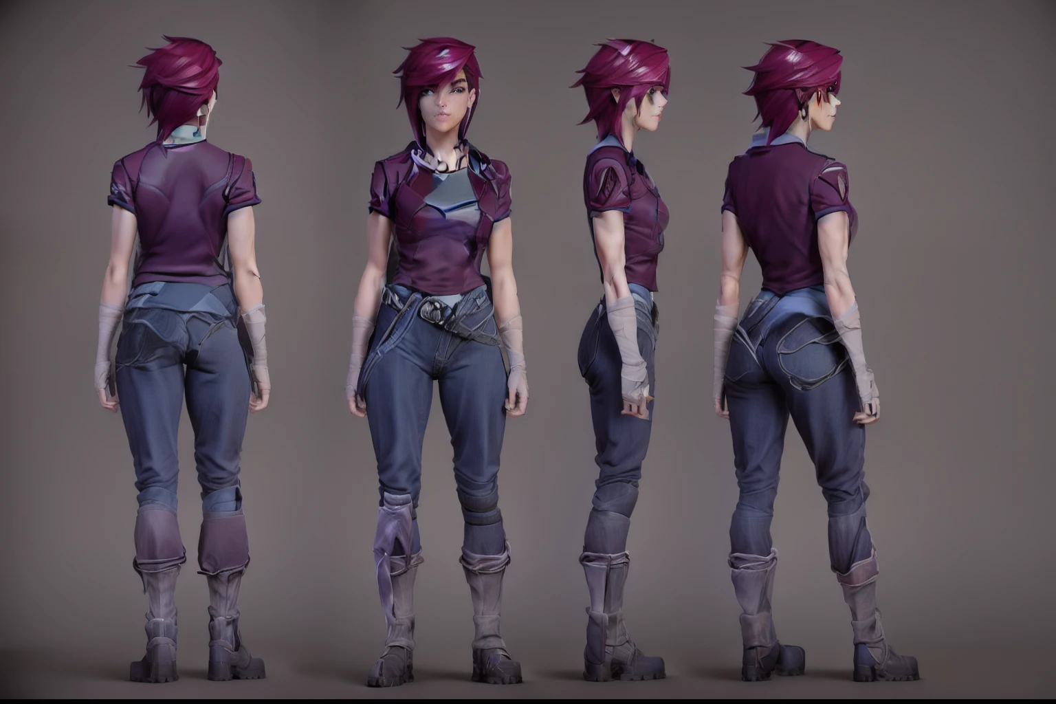 a close up of a person in a purple shirt and jeans, female lead character, character posing for concept art, character turnaround, character model sheet turnaround, 3 d character reference sheet, character model, character model sheet, realistic character concept, unreal engine character art, uhd character details, reference model sheet, high quality model sheet, full character body, female character