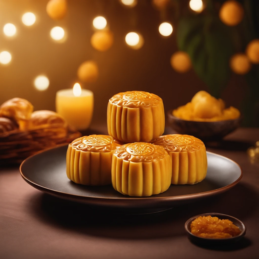 Commercial Shooting, Cantonese egg yolk mooncake, Mooncake size, poster for, Fresh style background, Elegant, Booth Lighting, Attractive, Photorealistic colors, Ultra HD