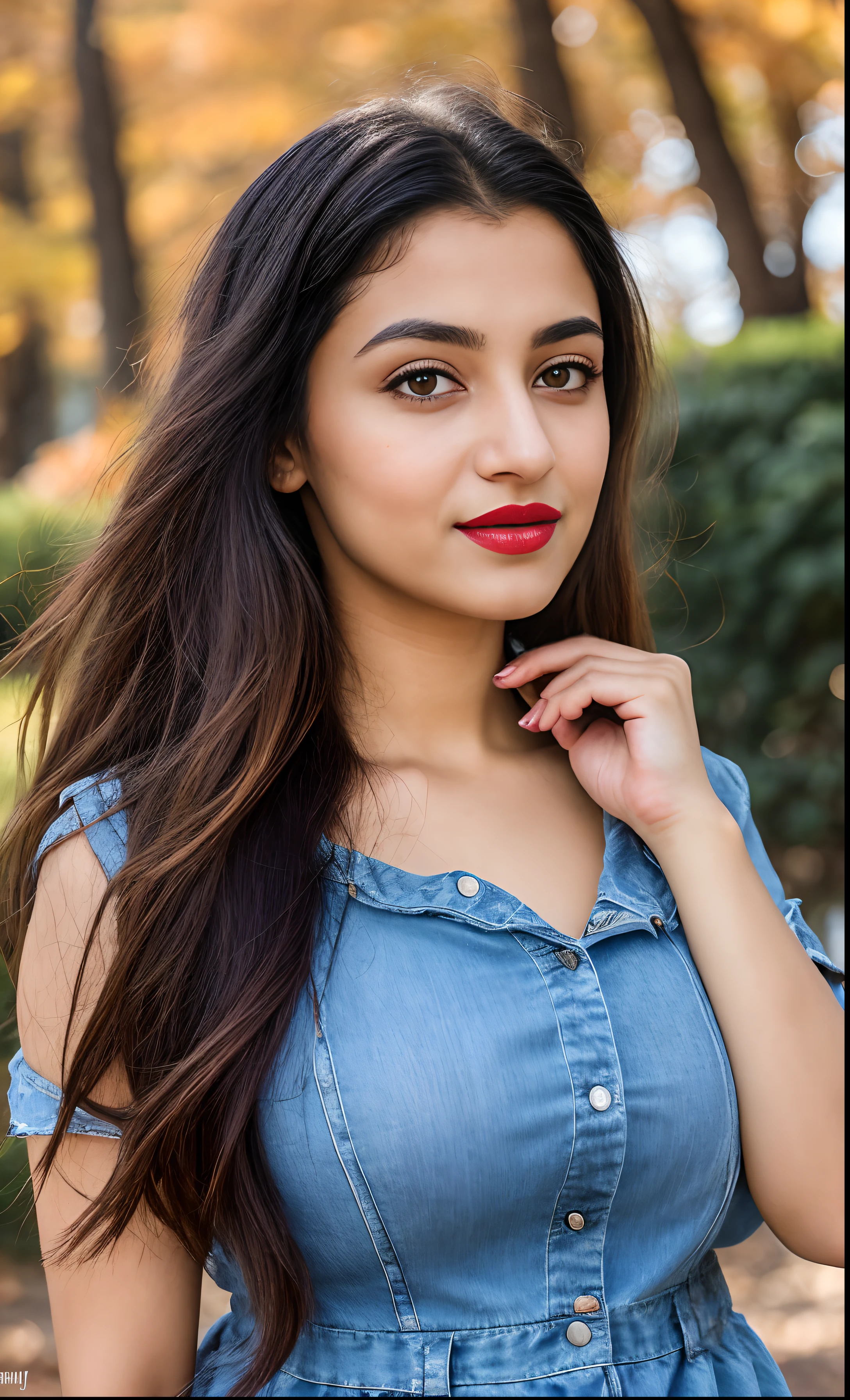 photo portrait of noor, wearing blue tip, outside on a sunny autumn day, looking at viewer, lense flare, (realistic eyes, symmetric face:0.8) (masterpiece:1.2) (photorealistic:1.2) (bokeh) (best quality) (detailed skin) (intricate) (8k) (HDR) (cinematic lighting) (sharp focus), big breast, big natural lips, dark red lips, sparkling day dreams eyes., 27 yo female noor