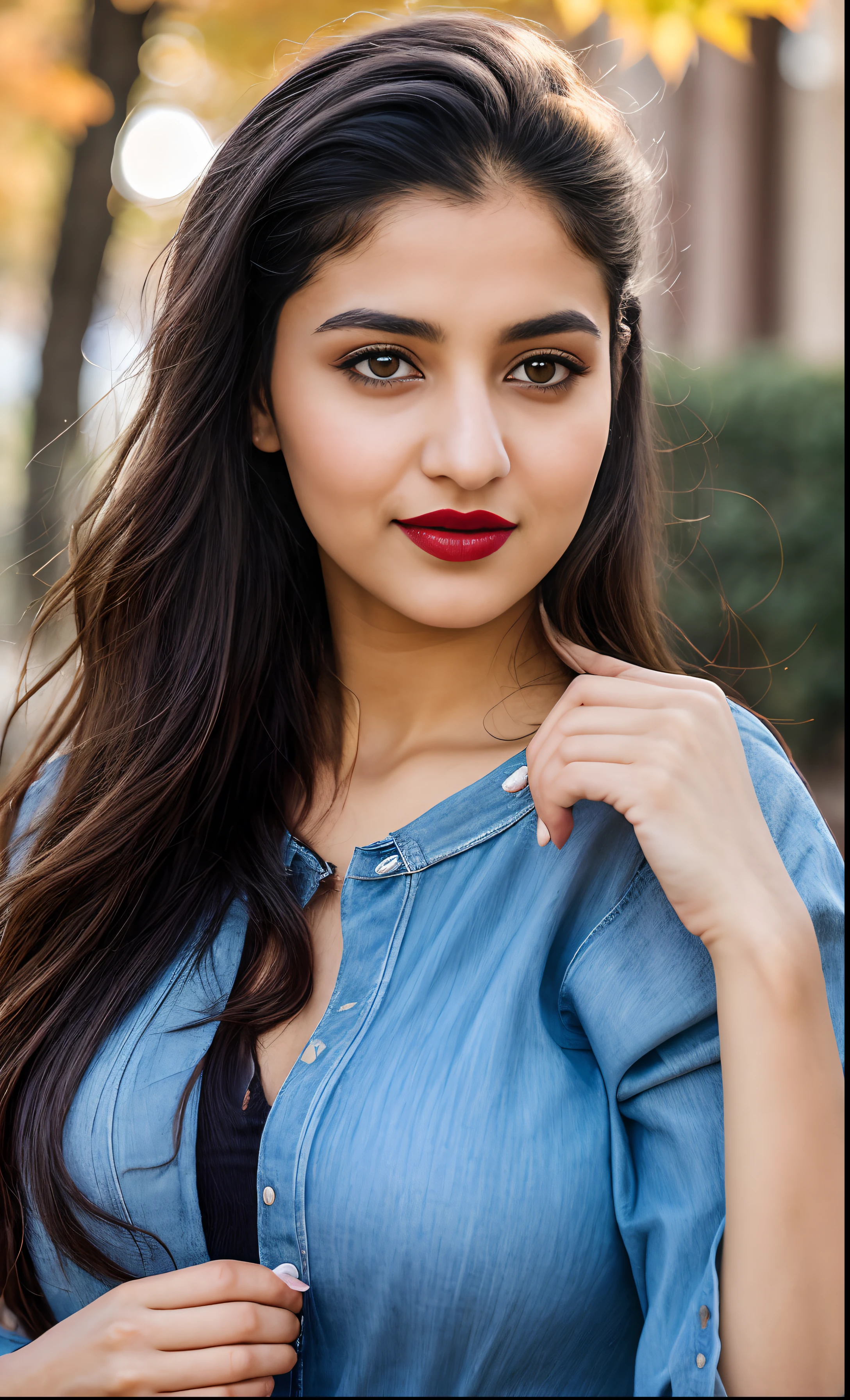photo portrait of noor, wearing blue tip, outside on a sunny autumn day, looking at viewer, lense flare, (realistic eyes, symmetric face:0.8) (masterpiece:1.2) (photorealistic:1.2) (bokeh) (best quality) (detailed skin) (intricate) (8k) (HDR) (cinematic lighting) (sharp focus), big breast, big natural lips, dark red lips, sparkling day dreams eyes., 27 yo female noor