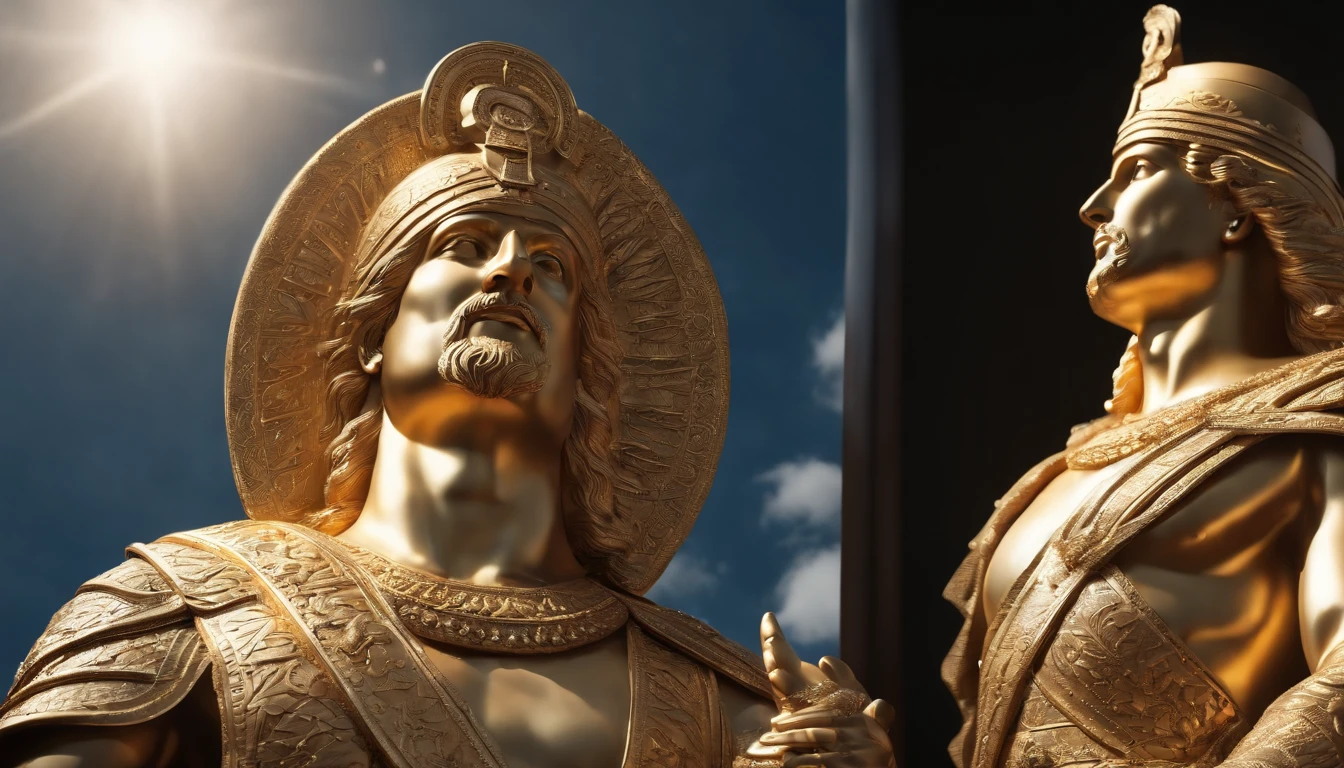 huge full body gold statue of a king of Babylon touching the clouds in the midst of Babylonian biblical times, highly detailed, concept art, soft sharp focus, dramatic lighting, highly detailed artwork, cinematic, 8k, amazing shadows (highly detailed background : 1.0 )8k (cinematic photorealistic: 1.3) (epic realistic, HDR, intricate detail, hyperdetailed, cinematic, ring light, muffled: 1.5) Detailed facial skin pores, (photorealistic, dramatic, sharp focus, 8k) Octane rendering, mid-day base