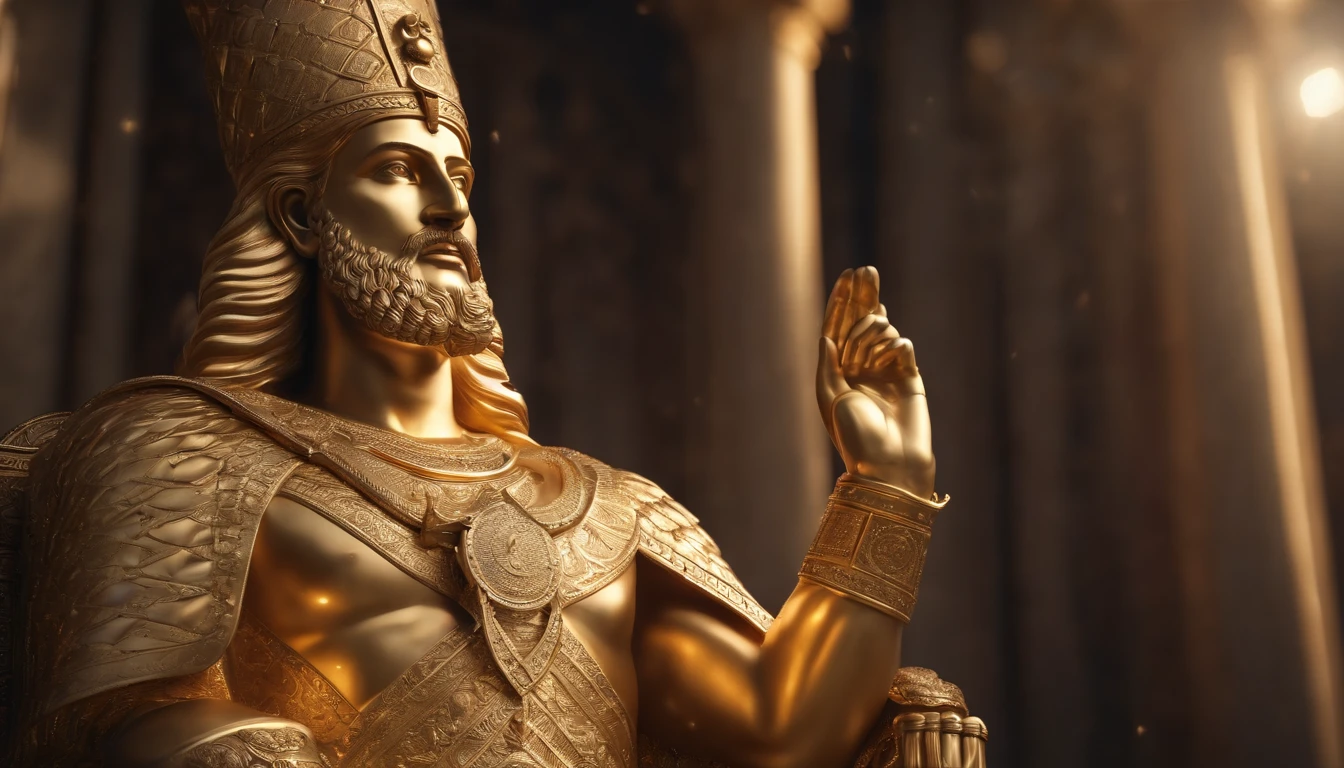 huge full body gold statue of a king of Babylon touching the clouds in the midst of Babylonian biblical times, highly detailed, concept art, soft sharp focus, dramatic lighting, highly detailed artwork, cinematic, 8k, amazing shadows (highly detailed background : 1.0 )8k (cinematic photorealistic: 1.3) (epic realistic, HDR, intricate detail, hyperdetailed, cinematic, ring light, muffled: 1.5) Detailed facial skin pores, (photorealistic, dramatic, sharp focus, 8k) Octane rendering, mid-day base