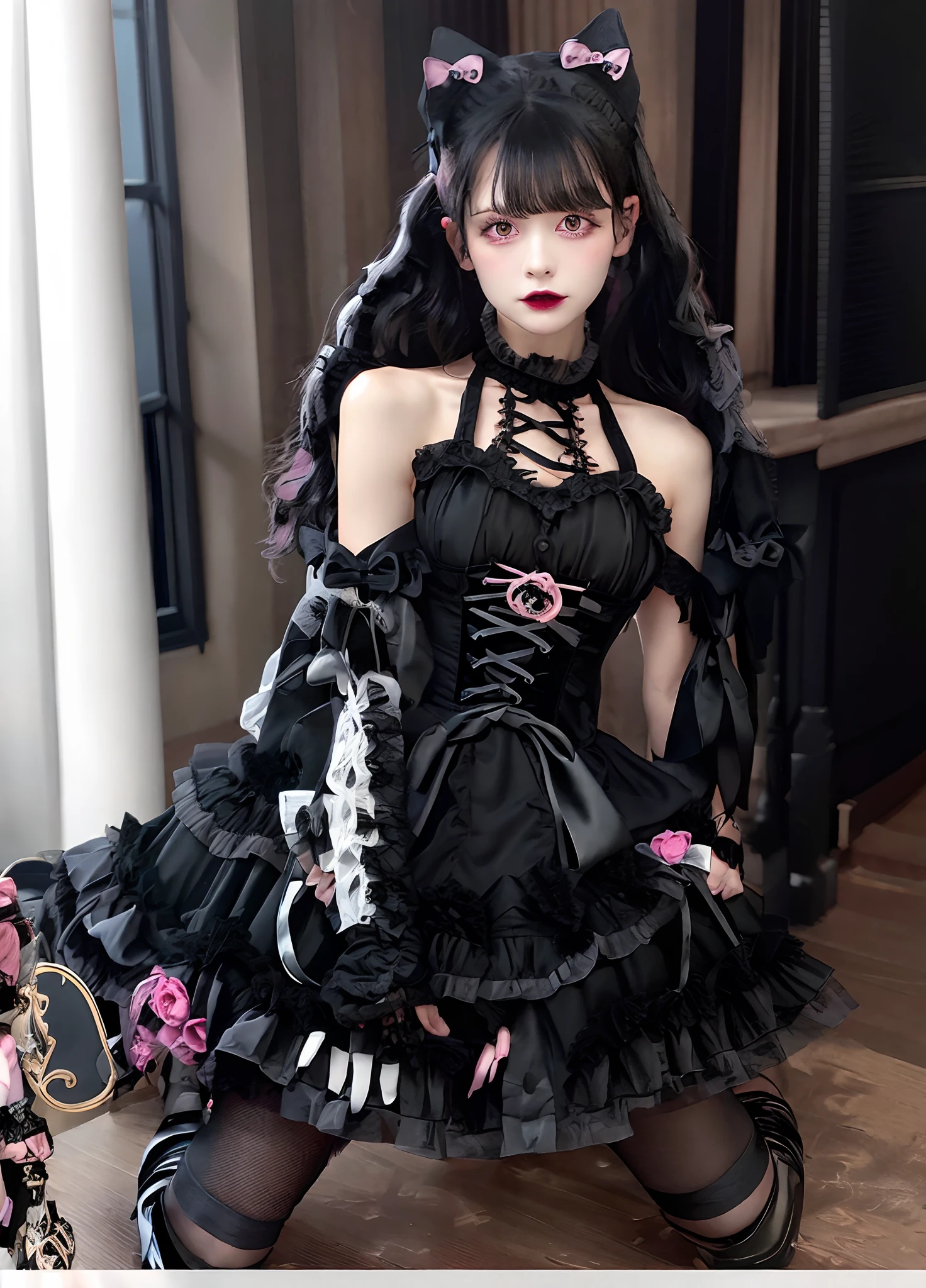 Allalin in a black and pink dress with cat ears, black gothic lolita dress, wearing a gothic dress, an elegant gothic princess, rococo ruffles dress, Glamorous goth dress, victorian gothic lolita fashion, gothic outfit, Gothic Maiden anime girl, fantasy outfit, Lolita style, witch clothing, gothic dress, wearing modern gothic clothes, black rococo