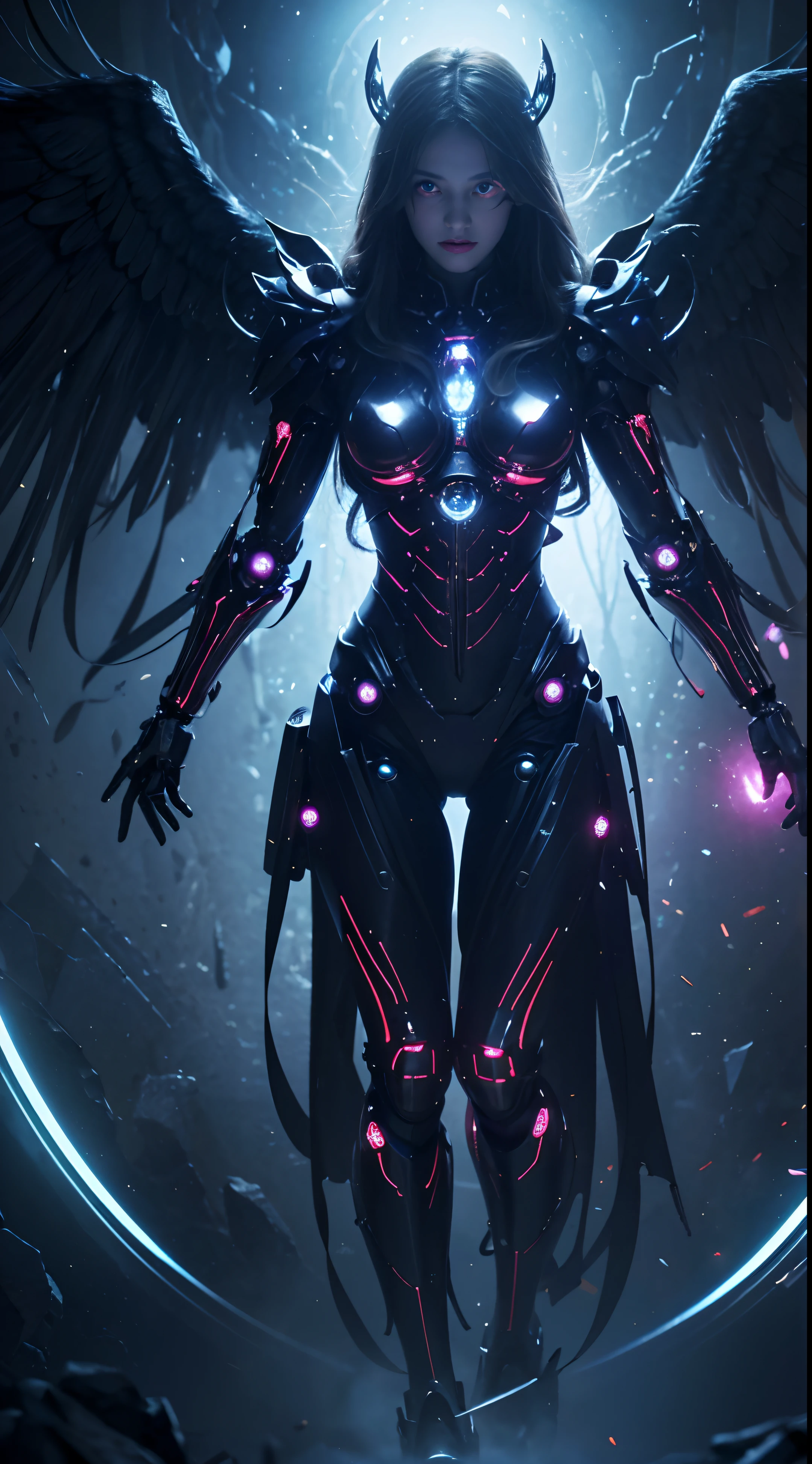 Cosmic Fallen Angel, glowing light eyes, Biomechanical, eerie, Creepy, nightmarish, Very bright colors, Light particles, with light glowing, Mshiff, wallpaper art, UHD wallpaper,8k hyperrealistic resolution