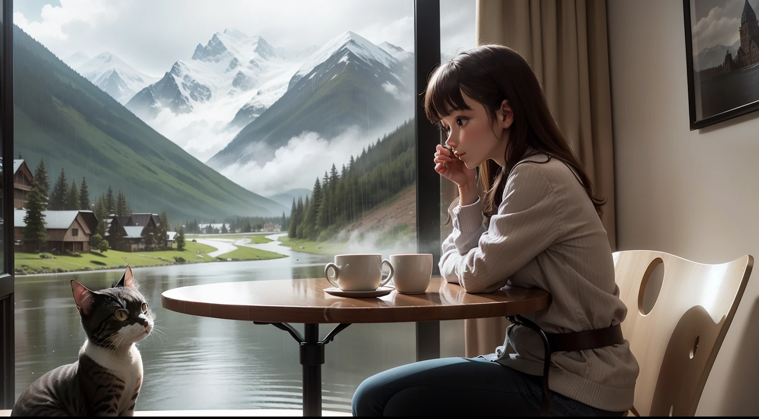 A rainy weather, a cute couple, coffee,table and chair, hotel room , mountain in the front , river, birds, a cat, a dogl