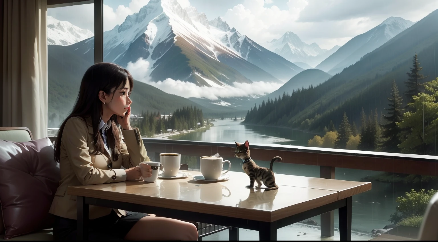 A rainy weather, a cute couple, coffee,table and chair, hotel room , mountain in the front , river, birds, a cat, a dogl