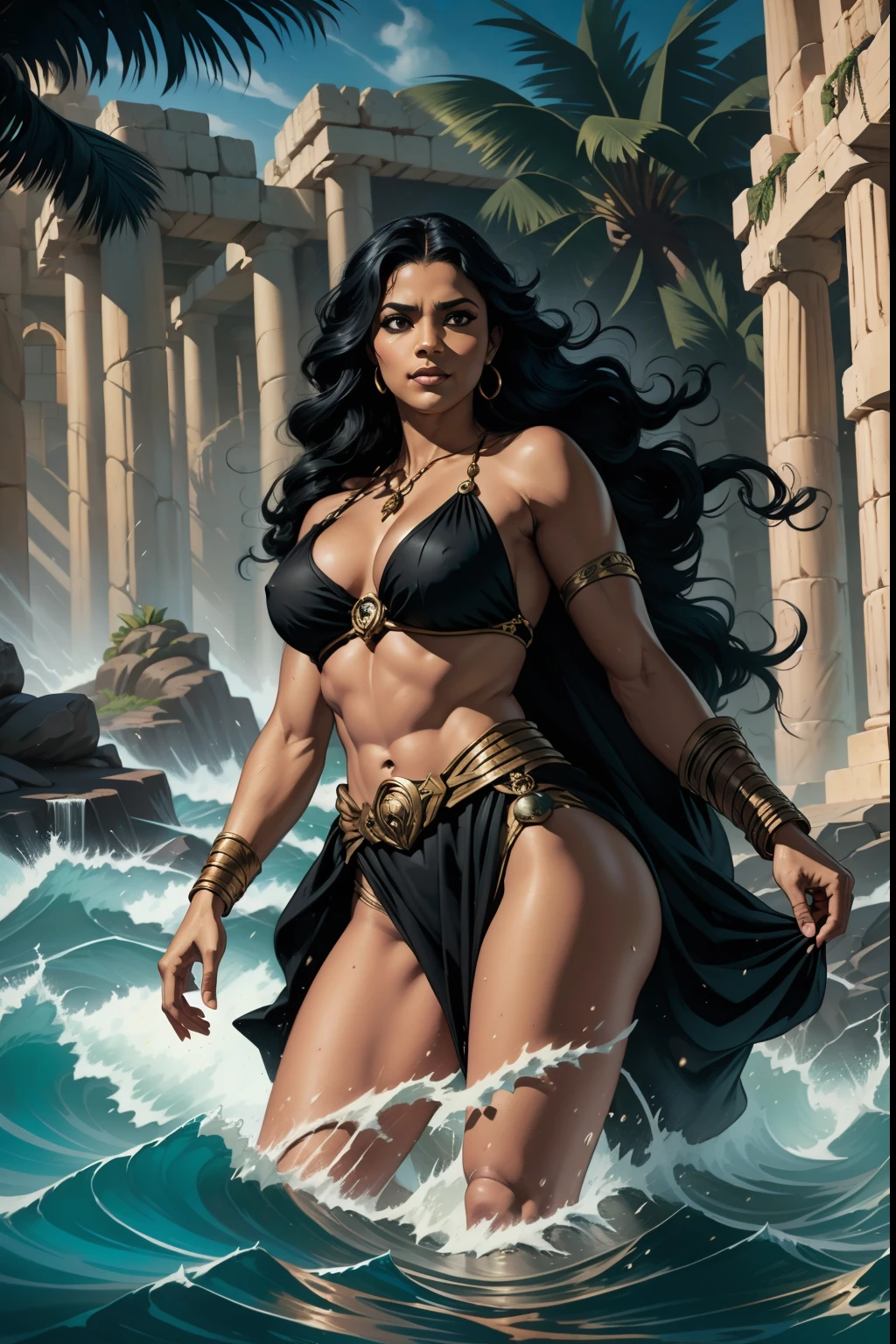(NSFW)Bêlit, a rainha da costa negra,Uma mulher shemita, rica cabeleira negra, As dark as a stygian night, caiu em cachos ondulados brilhantes sobre suas costas macias, olhos negros, Delgado, mas parecida com uma deusa,ao mesmo tempo, malleable and voluptuous, The only outfit he wore was a wide sash, Silken. Seus membros brancos como o marfim, e as esferas alvas de seus seios, rica cabeleira negra, As dark as a stygian night, caiu em cachos ondulados brilhantes sobre suas costas macias, olhos negros, Main Scenario, the deck of the pirate ship Tigress(cena detalhada, cinematografic, natural lightting)arte inspirada Mark Schultz.
