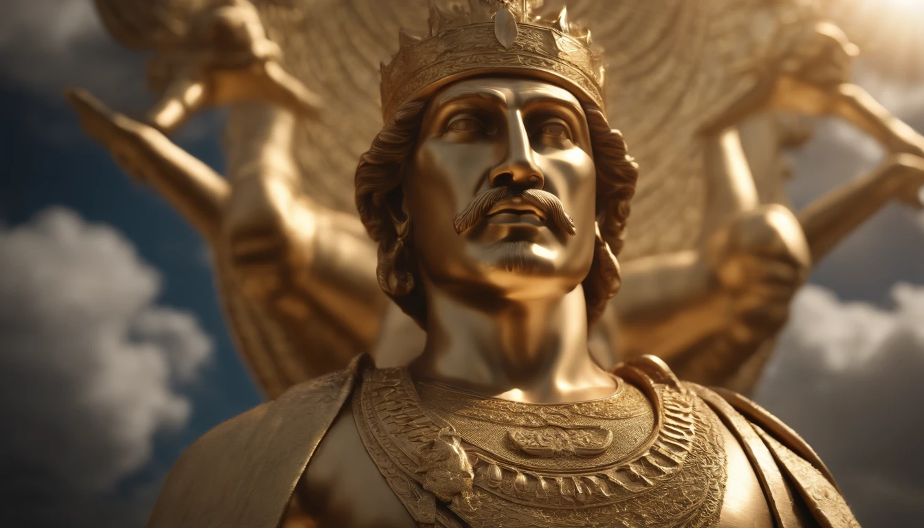 huge full body gold statue of a king of Babylon touching the clouds in the midst of Babylonian biblical times, highly detailed, concept art, soft sharp focus, dramatic lighting, highly detailed artwork, cinematic, 8k, amazing shadows (highly detailed background : 1.0 )8k (cinematic photorealistic: 1.3) (epic realistic, HDR, intricate detail, hyperdetailed, cinematic, ring light, muffled: 1.5) Detailed facial skin pores, (photorealistic, dramatic, sharp focus, 8k) Octane rendering, mid-day base