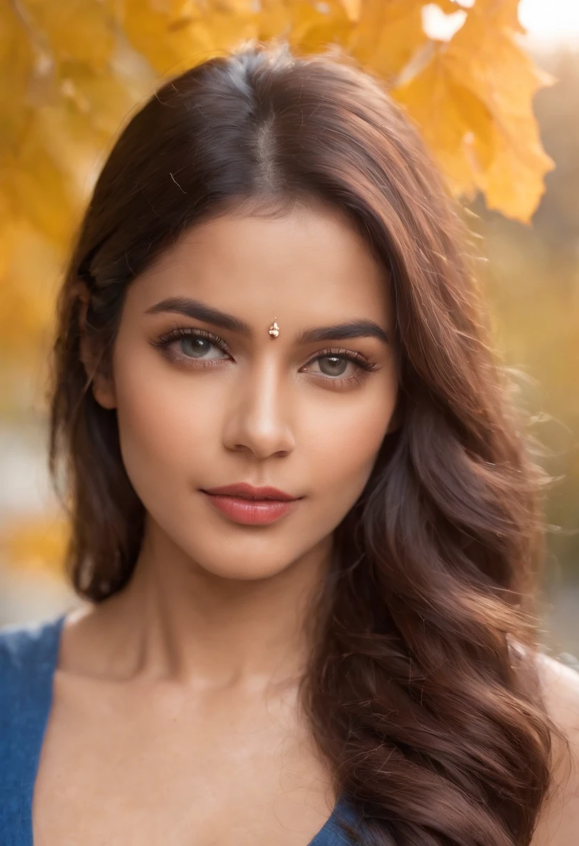 Closeup photo of Richa Soni, wearing blue tip, outside on a sunny autumn day, looking at viewer, lense flare, (realistic eyes, symmetric face:0.8) (masterpiece:1.2) (photorealistic:1.2) (bokeh) (best quality) (detailed skin) (intricate) (8k) (HDR) (cinematic lighting) (sharp focus), big breast, big natural lips, dark red lips, sparkling day dreams eyes., 27 yo female richa soni