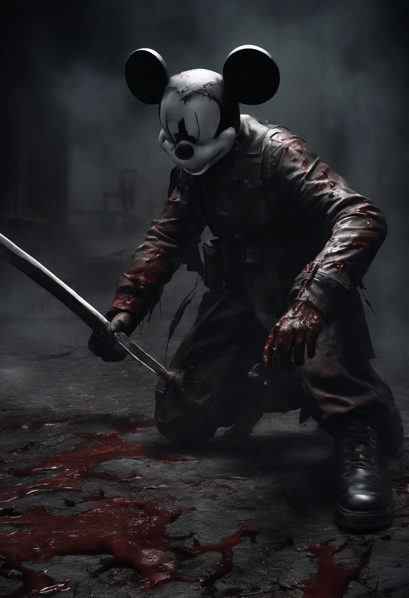 MICKEY mouse, beheaded, blood everywhere, photorealism, hyperreal, full hd, 4k , high res, background with soldiers fighting. Very gory, photography, murder, excessive blood flow, iiltestins,