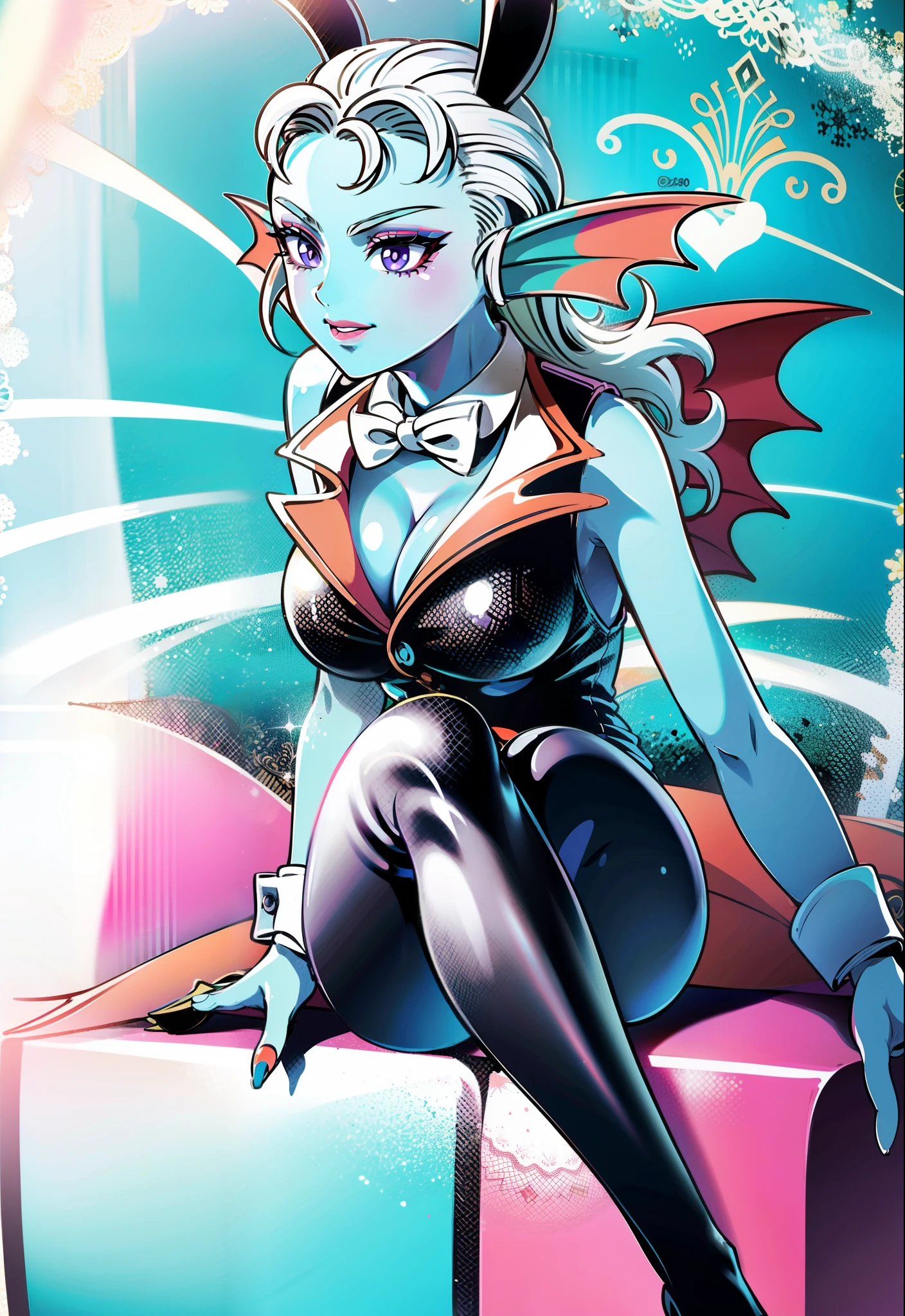 8K, high definition, animated, married, clean, bright, eye highlights, sexy, erotic, beautiful line drawing.
Light blue skin, blue and orange gradient ear fins, bunny girl, dressed in bunny suit, black bunny suit, netted legs, fine netted tights depiction, crossed legs, purple eyes, pale red lipstick, well drawn, white hair, royal background, dark makeup, blue skin, sleeveless outfit, royal background , seated on a throne,