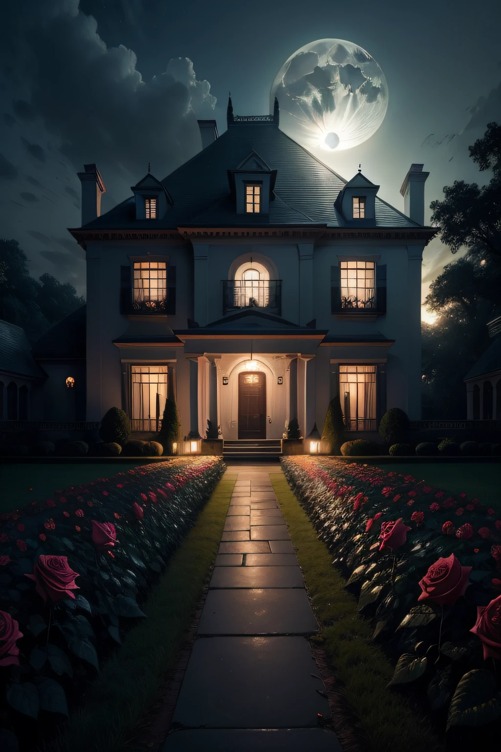 gloomy mansion full moon night with rose garden