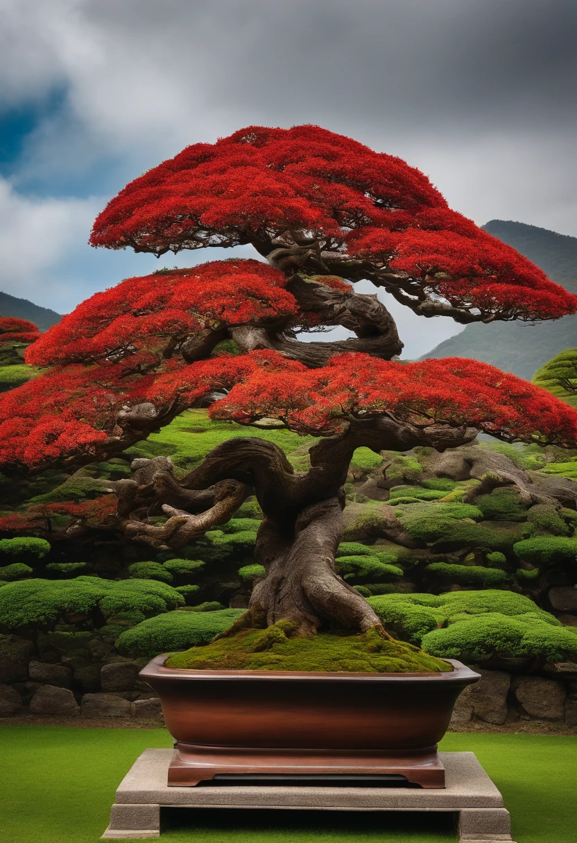 A tree with a sign that says Caldas Bonsai, bonsai, feito de bonsai, inspirado em Yoshida Hanbei,inspired by Óscar Domínguez, Arte conceitual 2022,