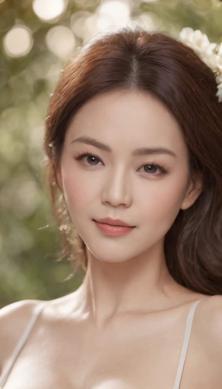 gravure, from the chest up, masutepiece, Best Quality, Ultra-detailed, Photorealistic, super detailed skin, Perfect Anatomy, (1 Japan), (Solo), 48yo, Fancy makeup, Large breasts, Mature Actress, glamor, A sexy, Chromo-white skin, Looking at Viewer
