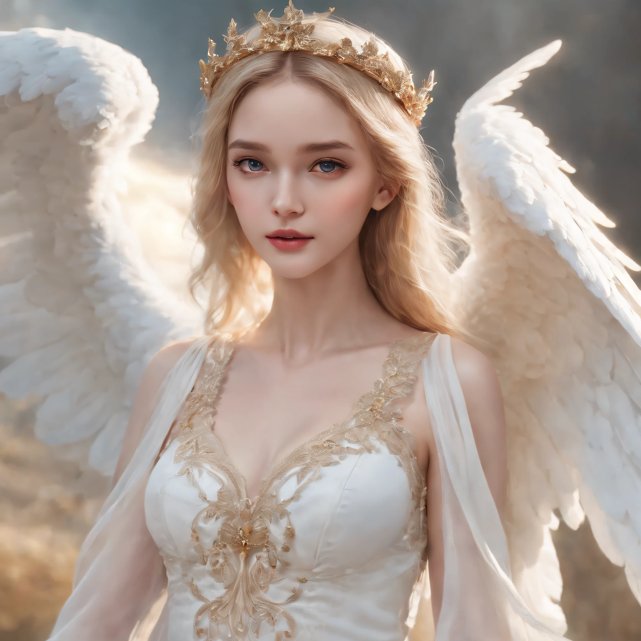 masterpiece, best quality, realistic, 8k, Wearing a crown on the head、Young and Beautiful、Flying in the sky、Breasts are big and sexy、blond hair, blue eyes, At Fed Necklace with Wings, wearing white elegant dress, angelic wings on her back, Beautiful Angel, full - body majestic angel, a beautiful female angel, anime goddess, of beautiful angel, guweiz, by Yang J, young wan angel, Angel Girl, of an beautiful angel girl, guweiz masterpiece, angel knight girl, Trending on CGSTATION、her face is european young girl,