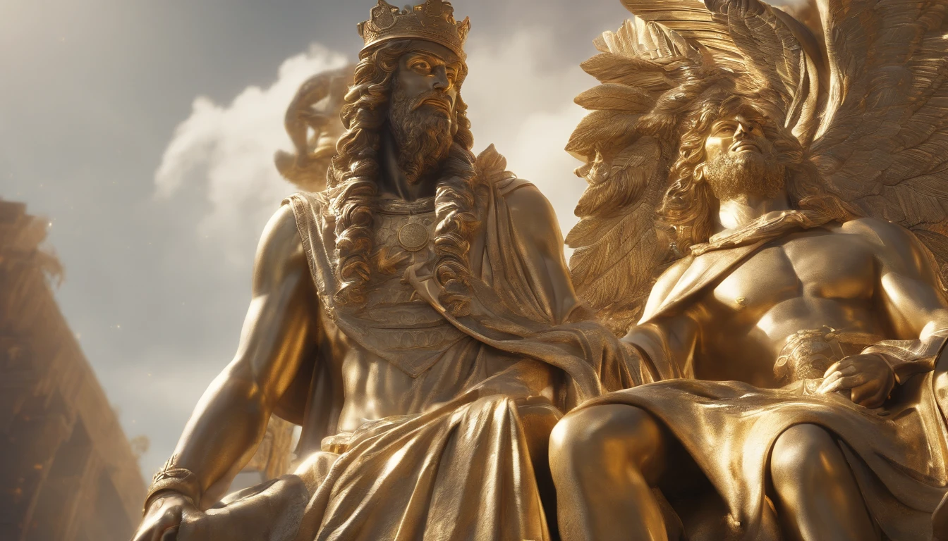 huge full body gold statue of a king of Babylon touching the clouds in the midst of Babylonian biblical times, highly detailed, concept art, soft sharp focus, dramatic lighting, highly detailed artwork, cinematic, 8k, amazing shadows (highly detailed background : 1.0 )8k (cinematic photorealistic: 1.3) (epic realistic, HDR, intricate detail, hyperdetailed, cinematic, ring light, muffled: 1.5) Detailed facial skin pores, (photorealistic, dramatic, sharp focus, 8k) Octane rendering, mid-day base
